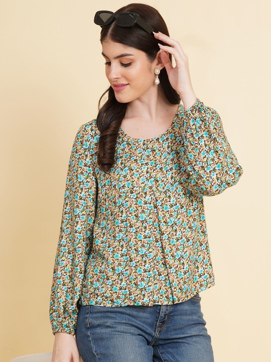 

RAASSIO Floral Printed Puff Sleeve Empire Top, Green