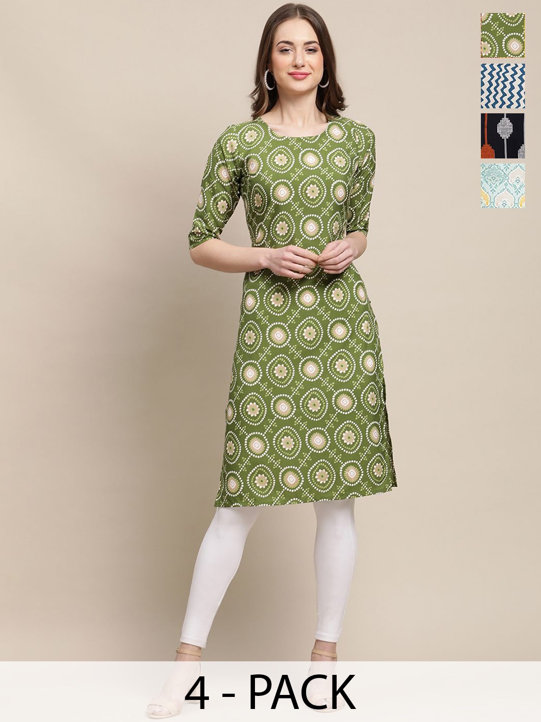 

7Threads Selection Of 4 Ethnic Motifs Printed Round Neck Straight Crepe Kurtas, Green