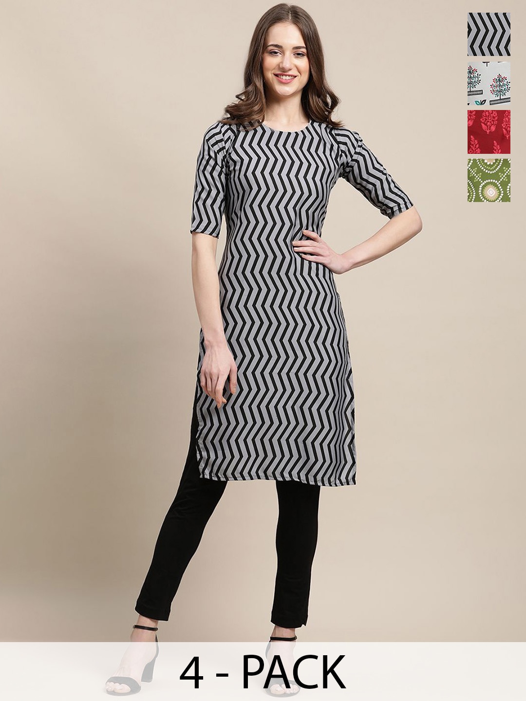 

7Threads Selection Of 4 Chevron Printed Round Neck Straight Kurtas, Black