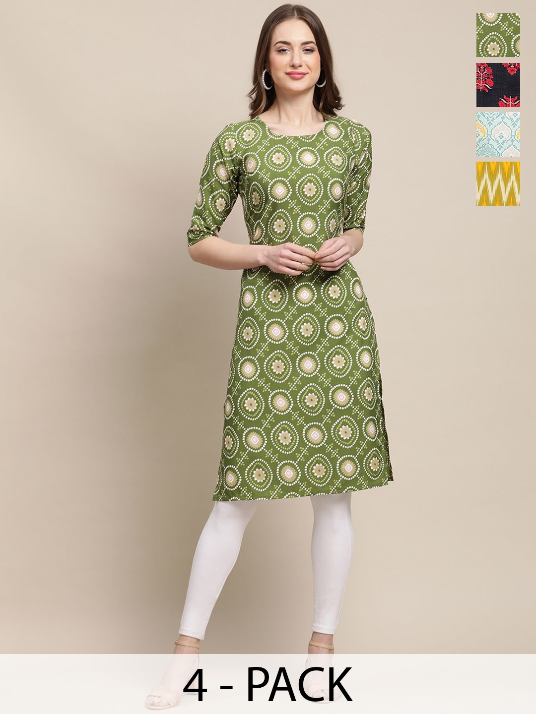 

7Threads Selection of 4 Ethnic Motifs Printed Round Neck Crepe Straight Kurtas, Green