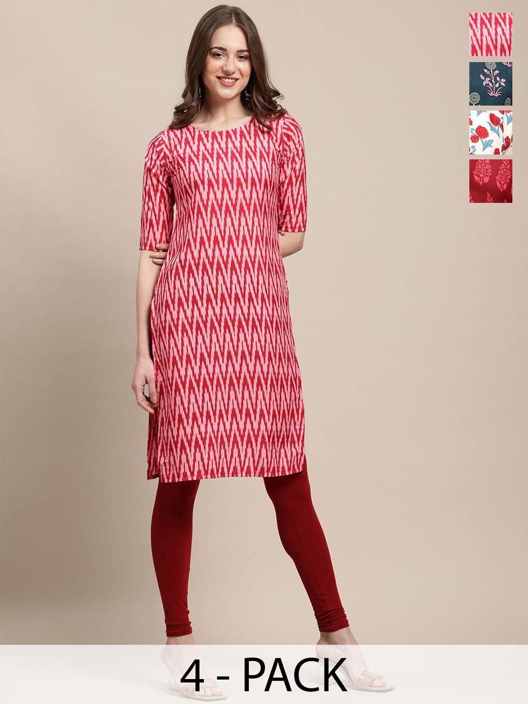 

7Threads Selection of 5 Chevron Printed Crepe Straight Kurta, Red