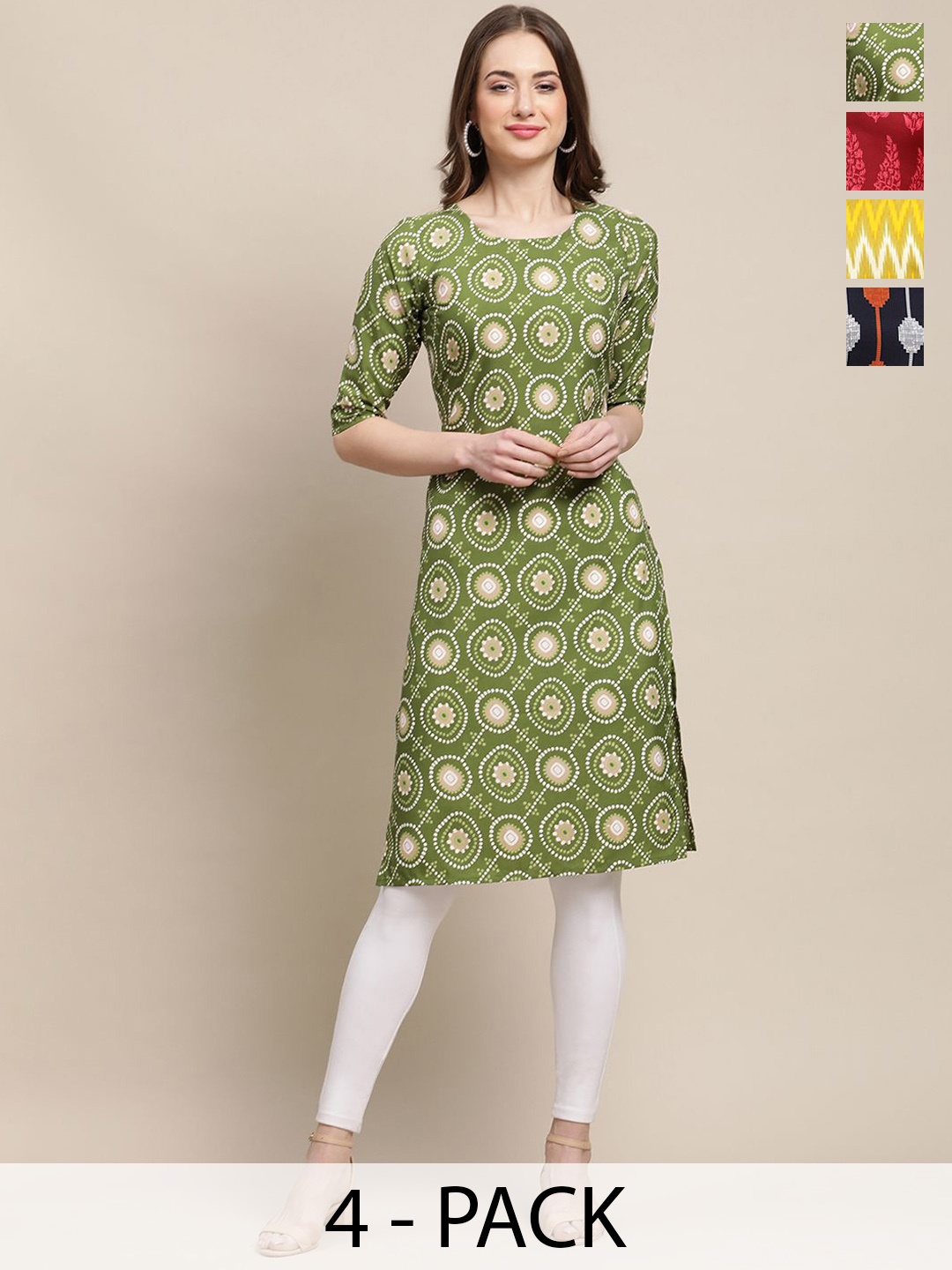 

7Threads Selection Of 4 Ethnic Motifs Round Neck Straight Kurtas, Green