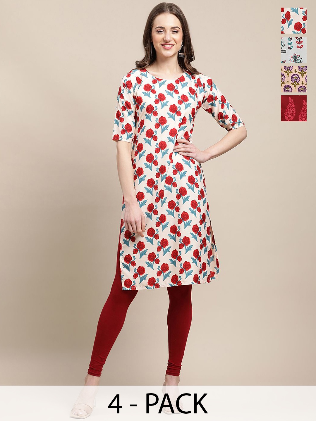 

7Threads Selection of 4 Floral Printed Crepe Straight Kurta, Beige
