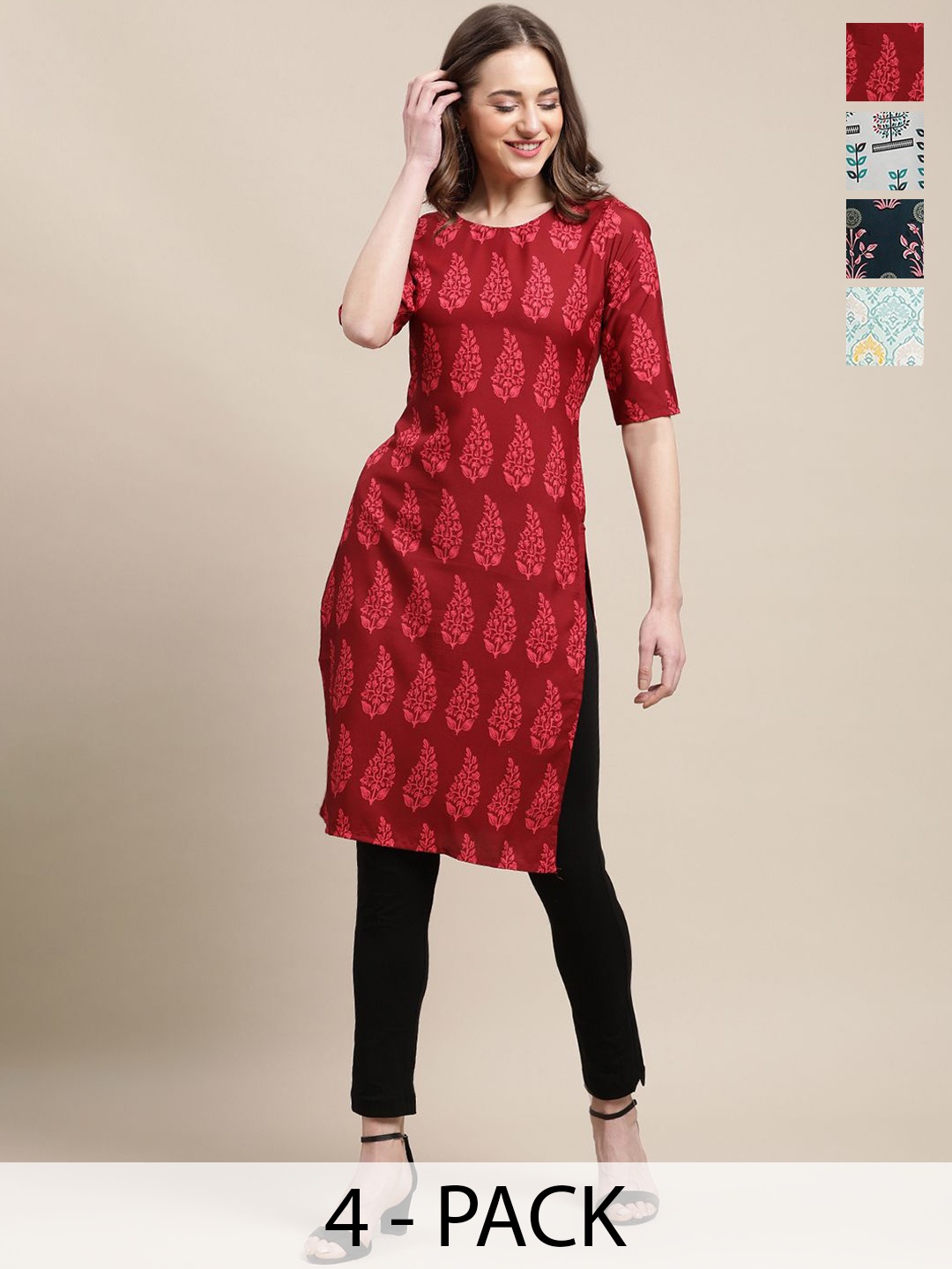 

7Threads Selection Of 4 Ethnic Motifs Printed Straight Kurta, Red
