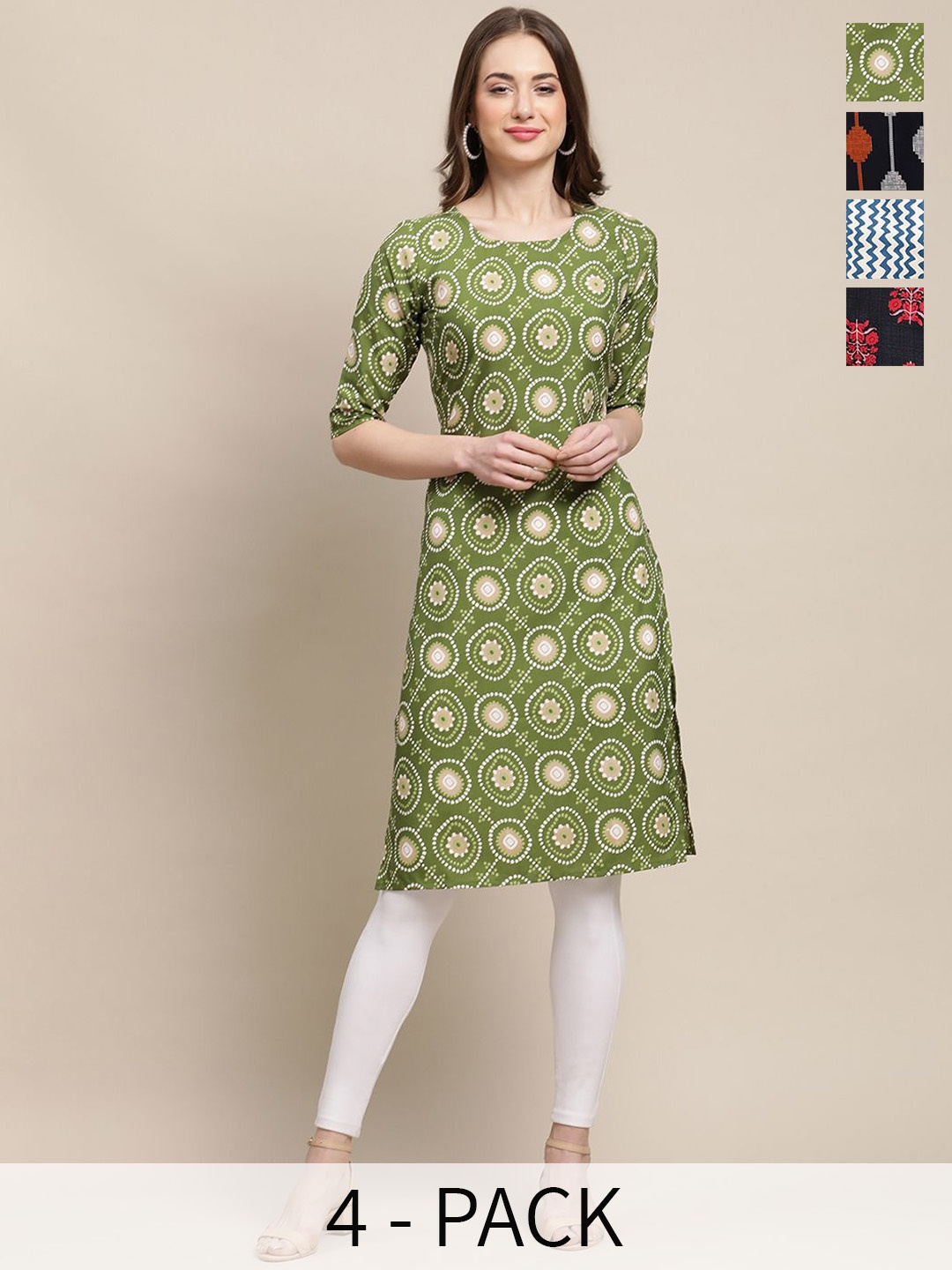 

7Threads Selection Of 4 Geometric Printed Round Neck Kurtas, Green