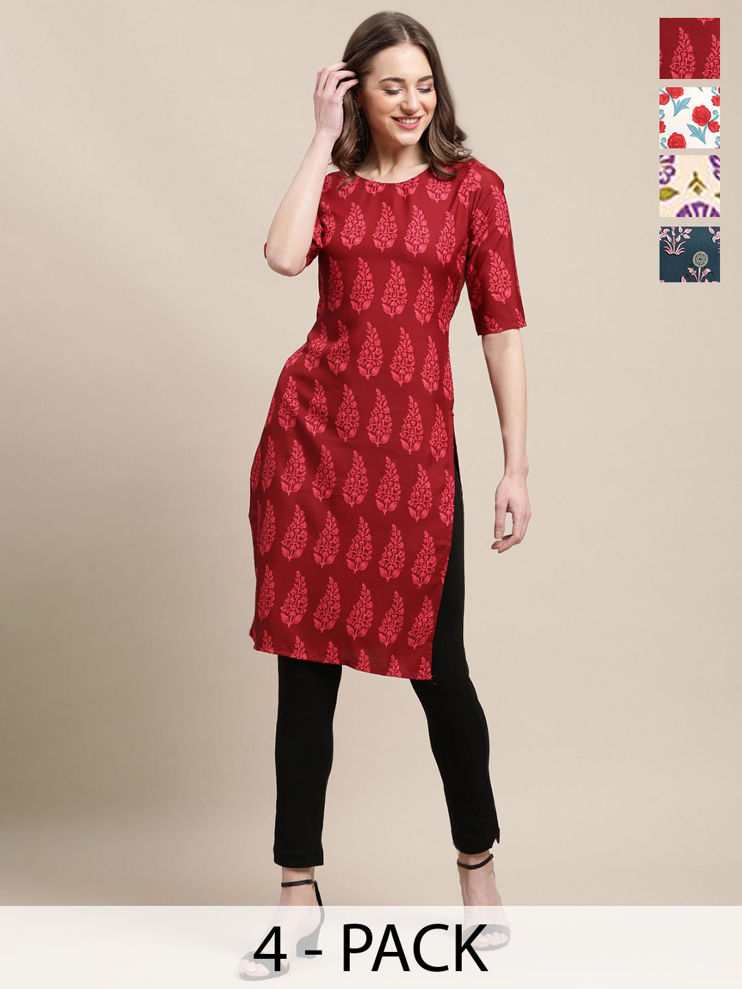 

7Threads Pack Of 4 Ethnic Motifs Printed Round Neck Straight Kurta, Red