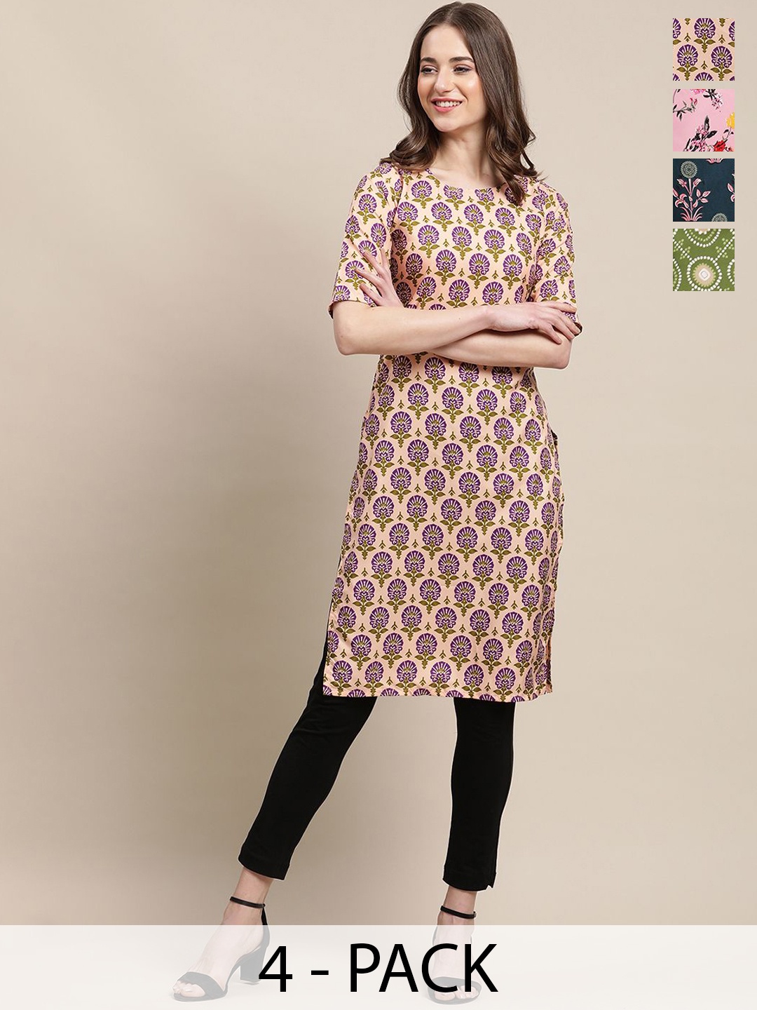 

7Threads Selection Of 4 Ethnic Motifs Printed Round Neck Straight Kurtas, Peach