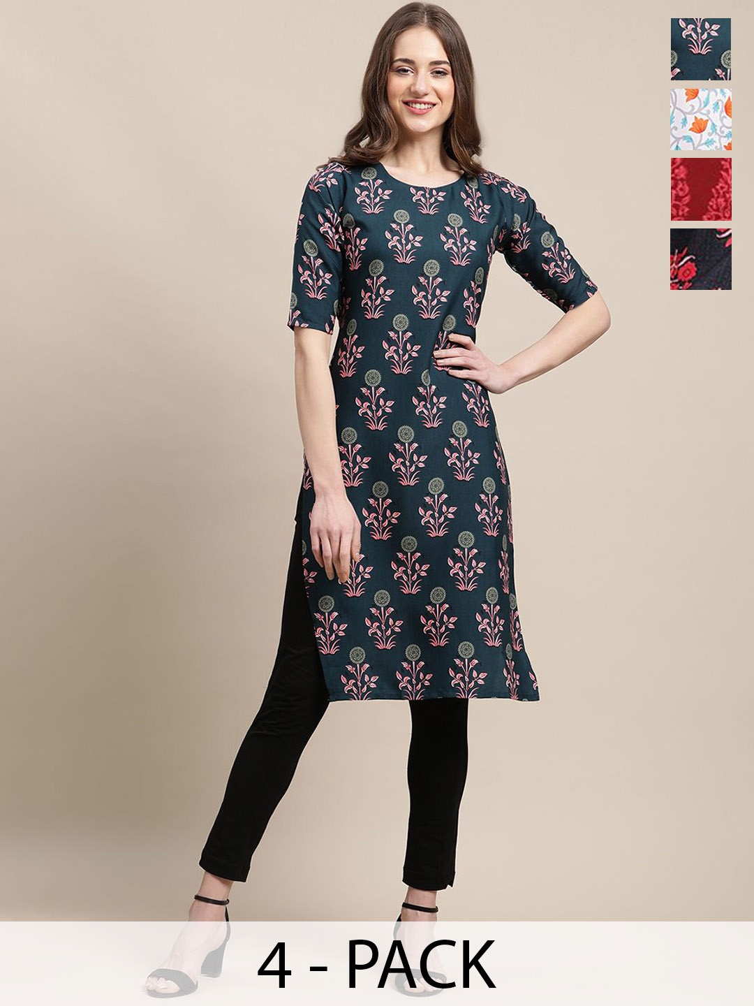 

7Threads Selections Of 4 Ethnic Motifs Printed Straight Kurtas, Black