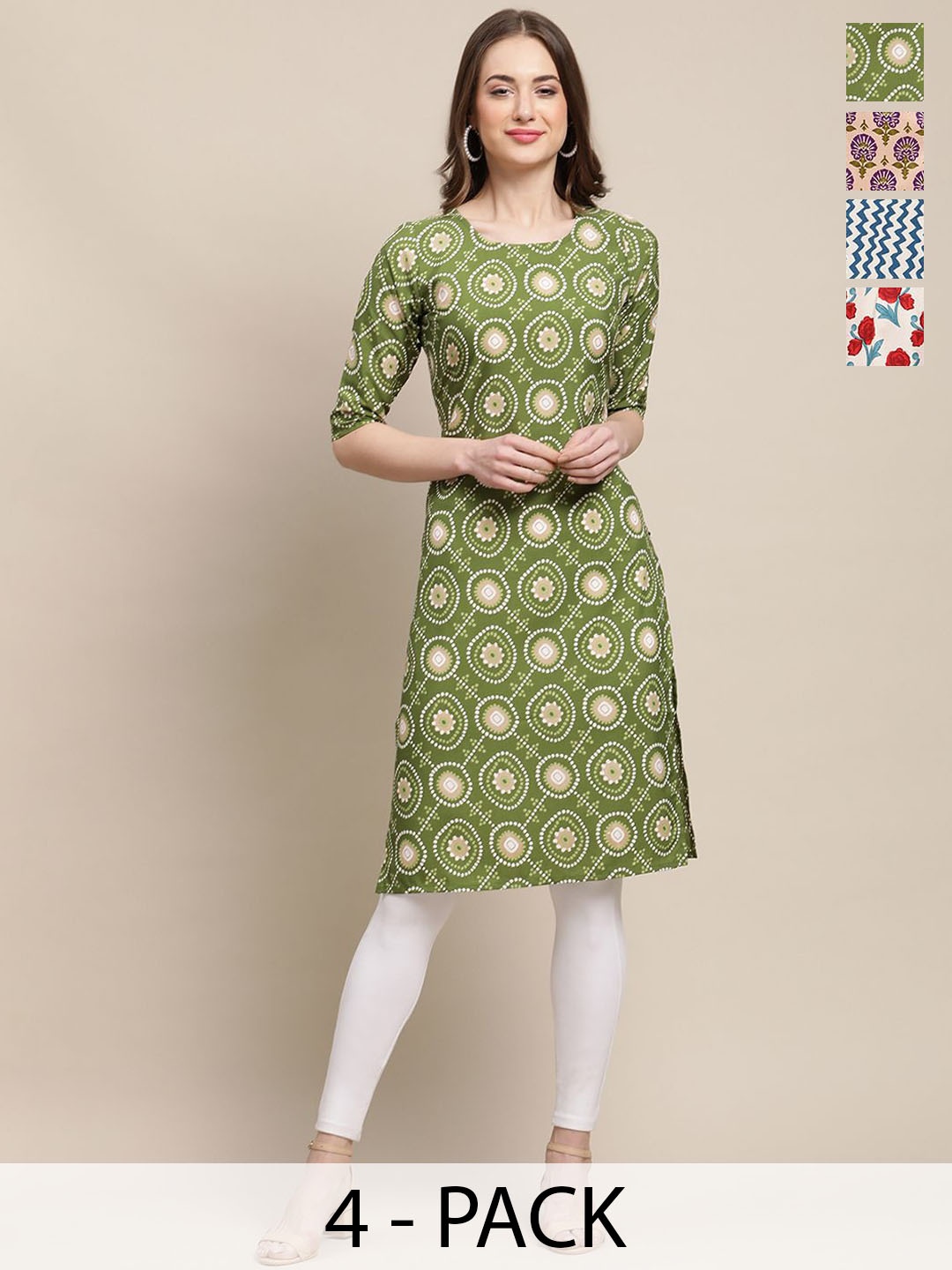 

7Threads Selection Of 4 Ethnic Motifs Printed Straight Kurta, Green