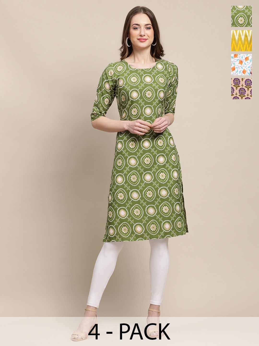 

7Threads Selection Of 4 Floral Printed Straight Kurta, Green