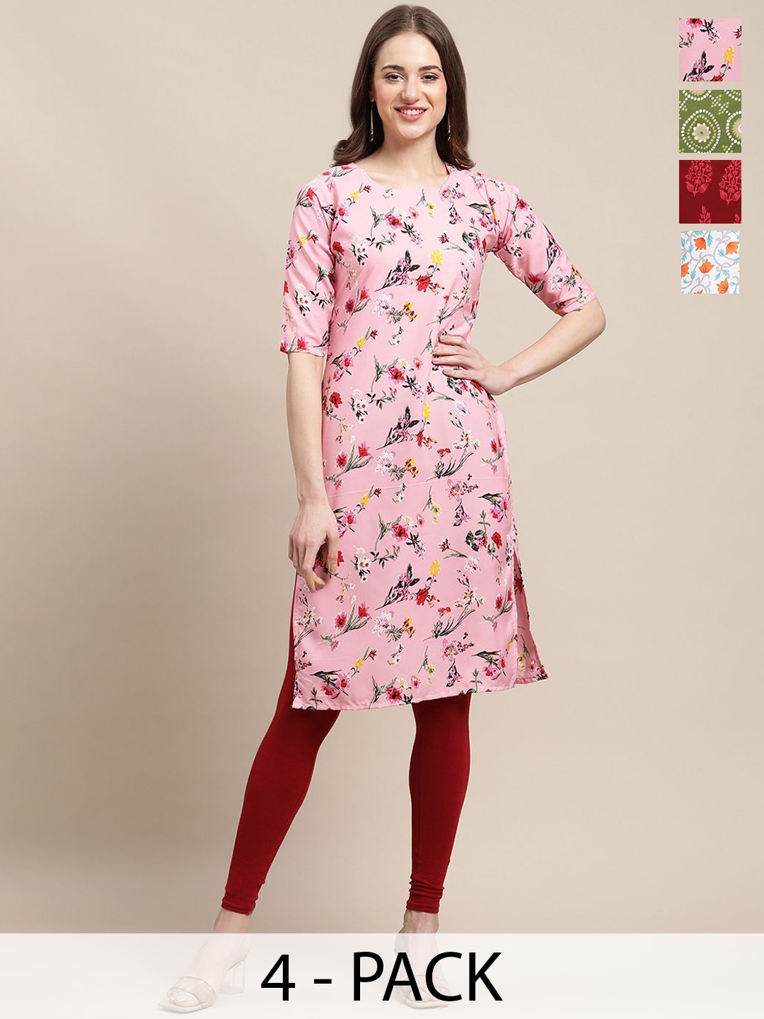 

7Threads Selection Of 4 Floral Printed Round Neck Regular Sleeves Straight Kurtas, Pink
