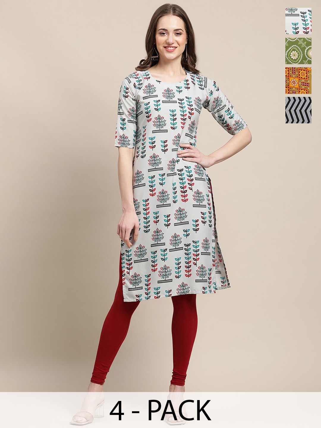 

7Threads Selection of 4 Geometric & Floral Printed Straight Kurtas, Blue