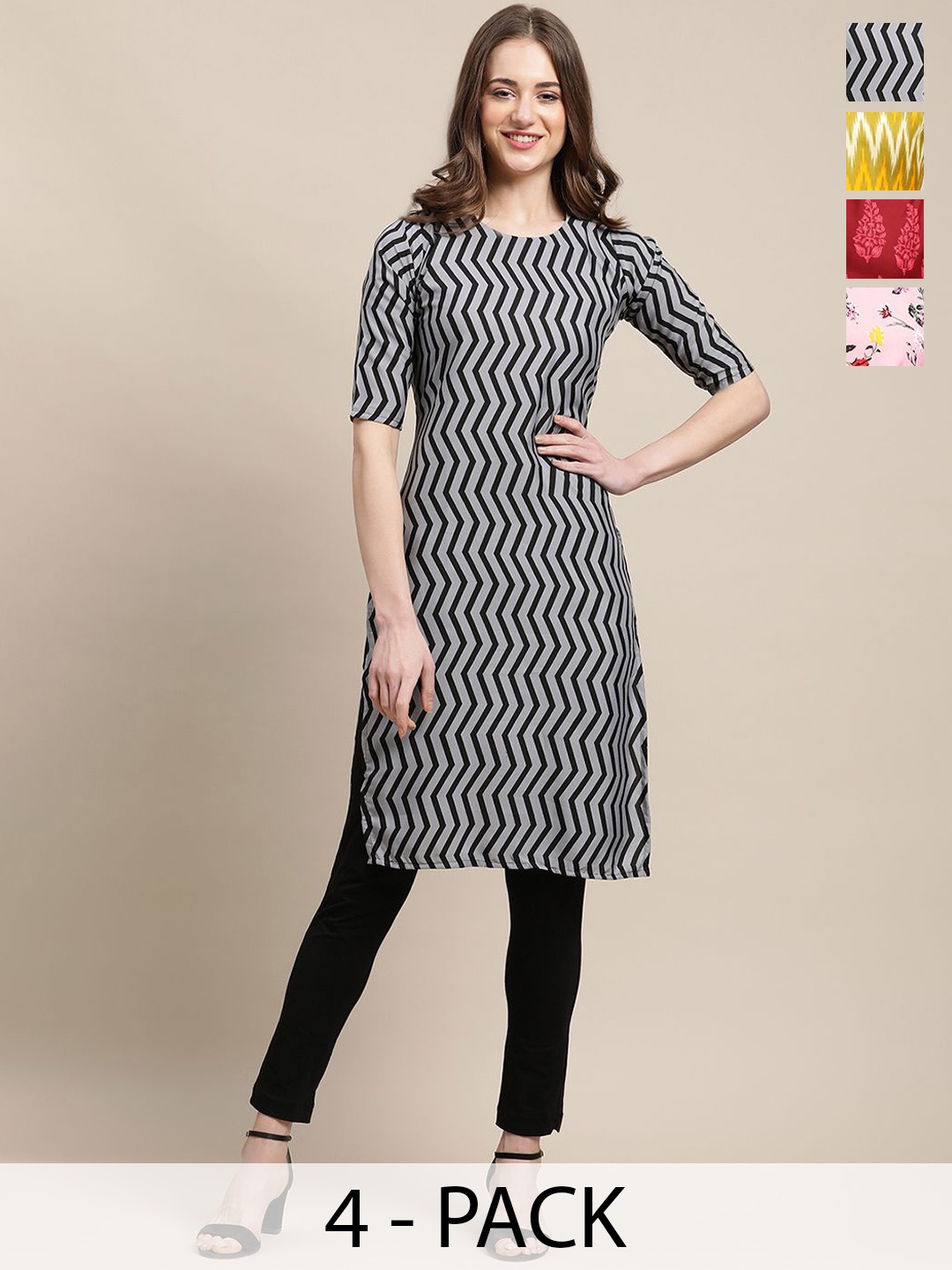 

7Threads Selection Of 4 Chevron & Floral Printed Crepe Straight Kurtas, Grey