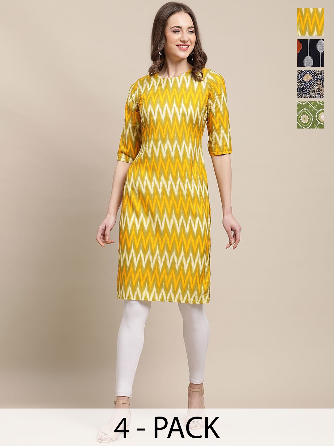 

7Threads Selection Of 4 Ethnic Motifs Printed Straight Kurta, Yellow