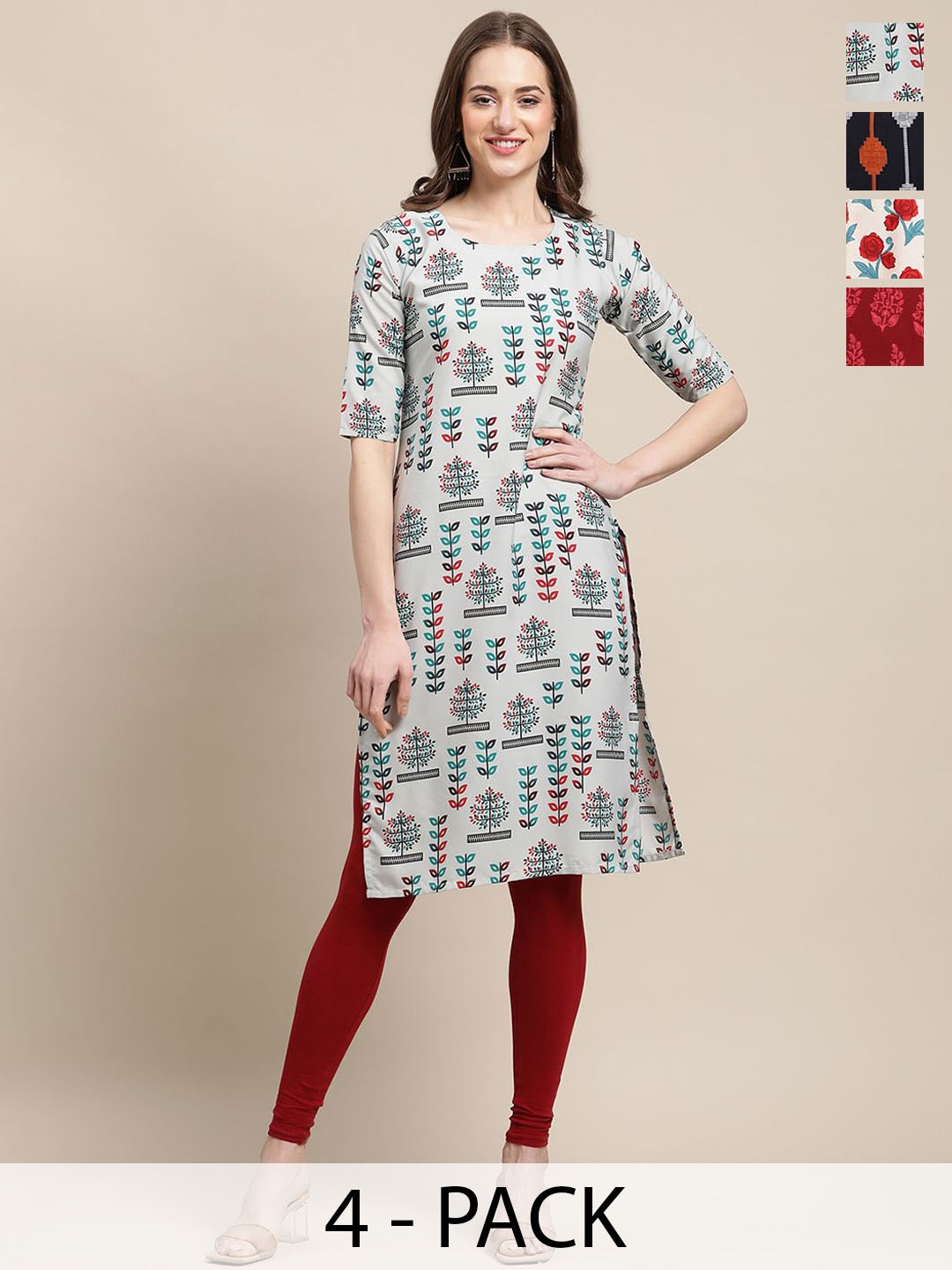 

7Threads Selection Of 4 Ethnic Motifs Printed Straight Kurtas, Grey