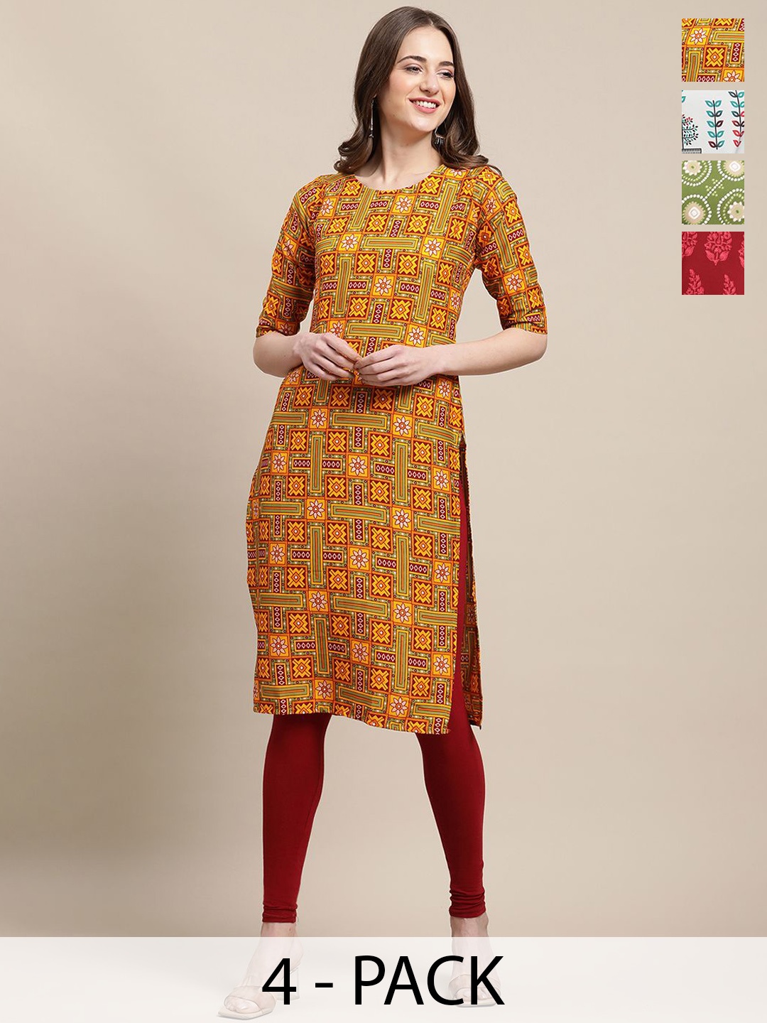 

7Threads Selection of 4 Ethnic Motifs Printed Crepe Straight Kurta, Mustard