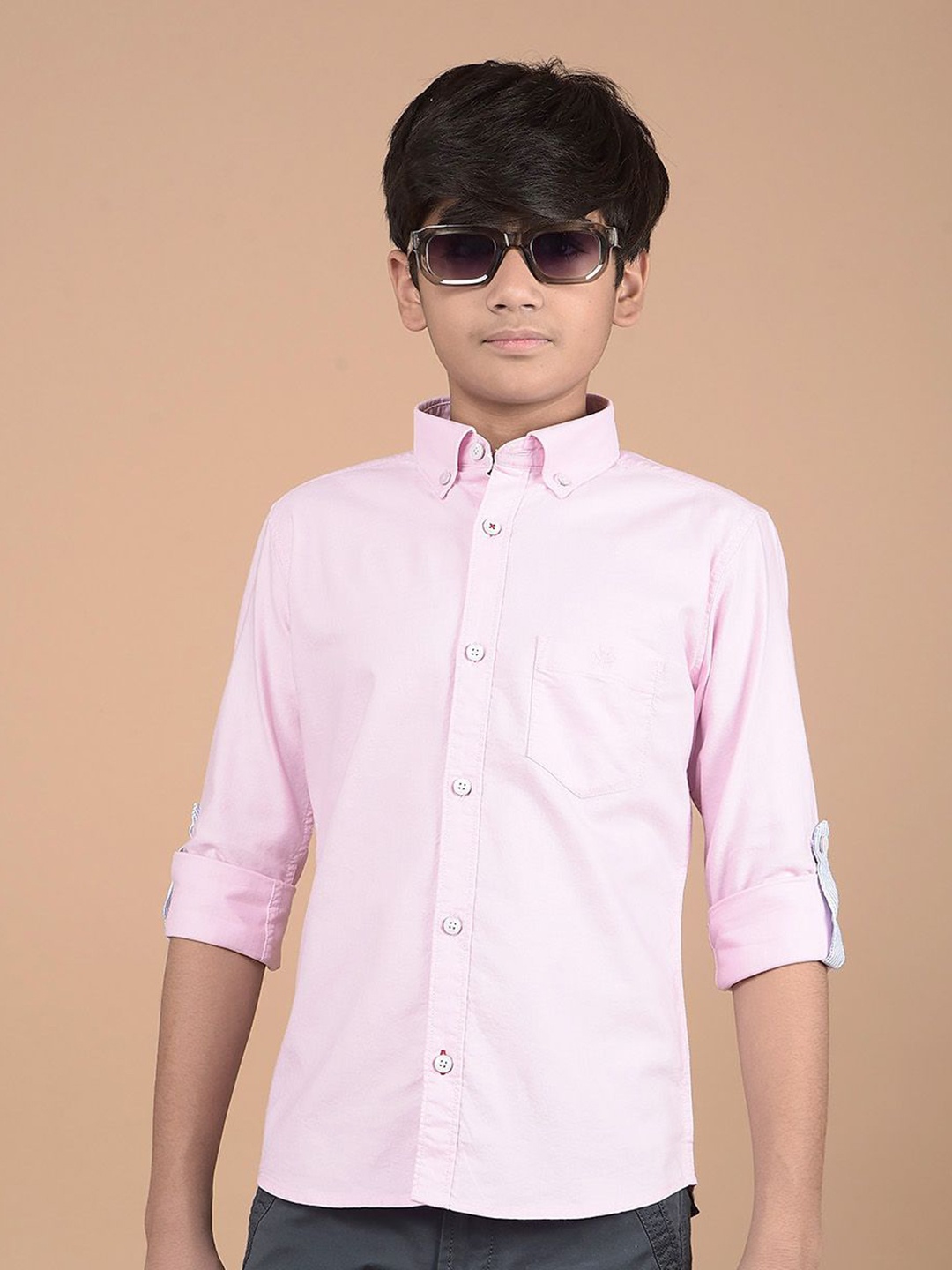 

Crimsoune Club Boys Classic Button-Down Collar Textured Cotton Casual Shirt, Pink