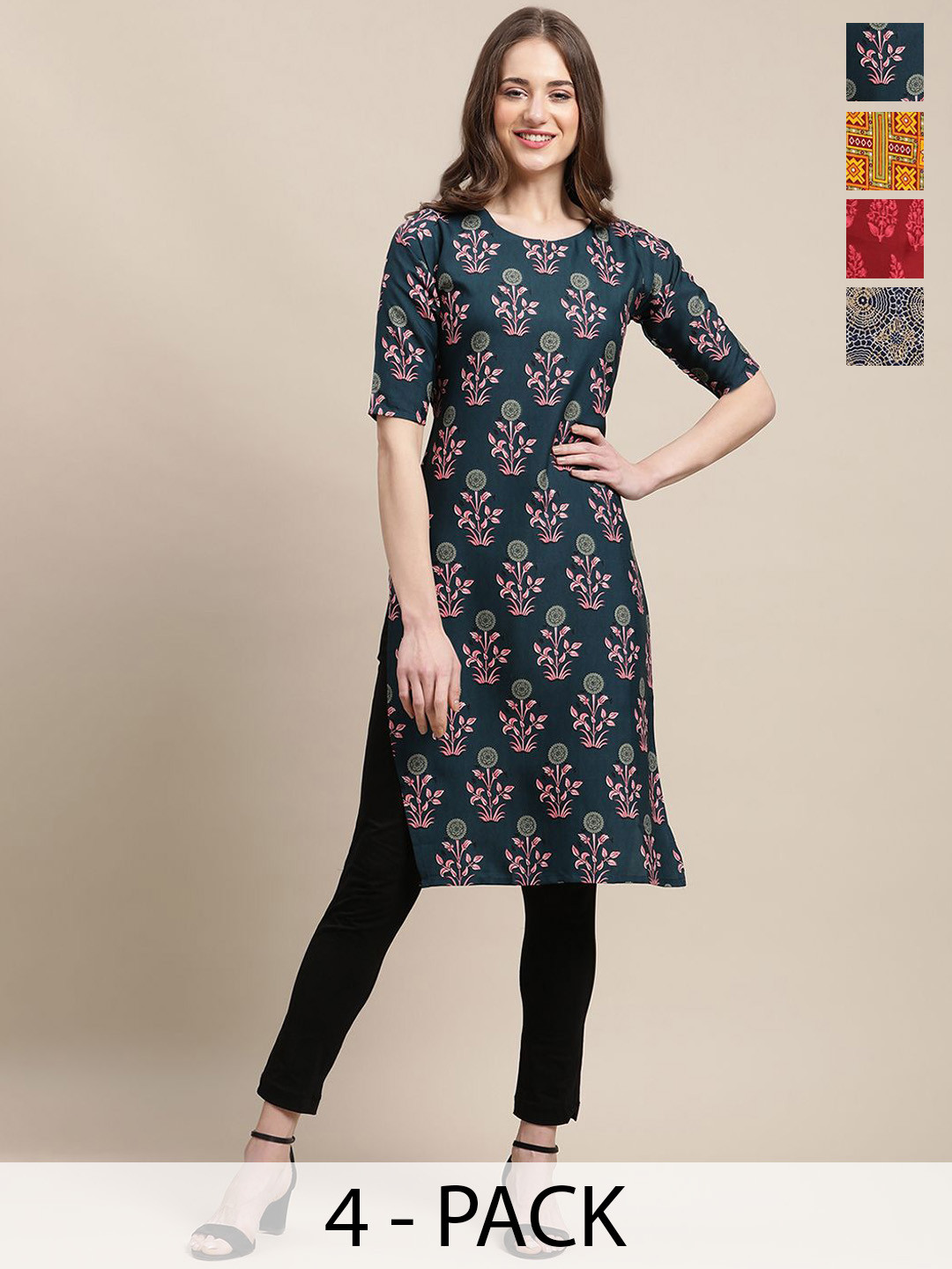 

7Threads Set Of 4 Floral Printed Round Neck Regular Sleeves Machine Weave Straight Kurta, Teal