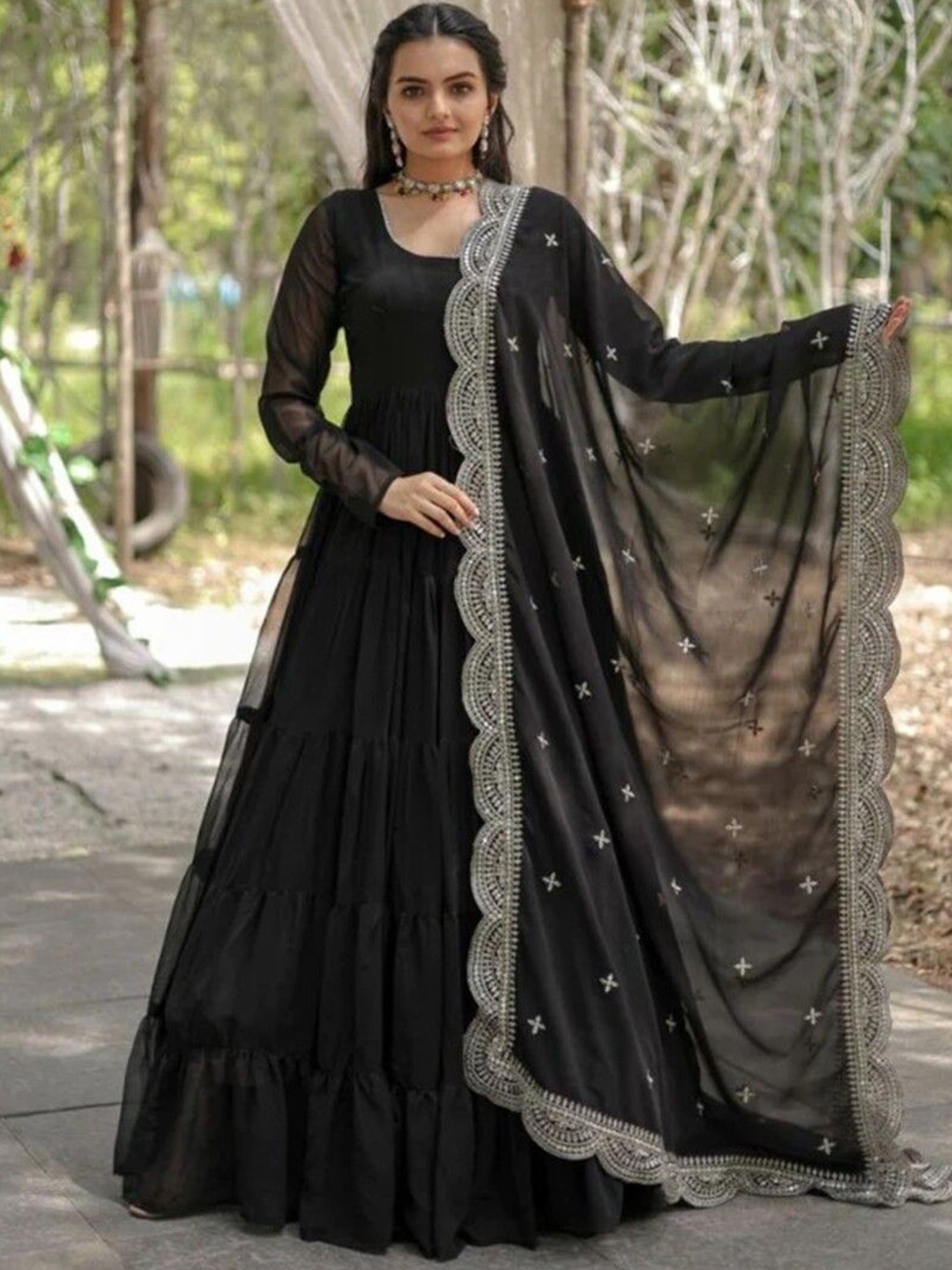 

YOYO Fashion Round Neck Layered Gotta Patti Georgette Anarkali Kurta & Trouser & Dupatta, Black