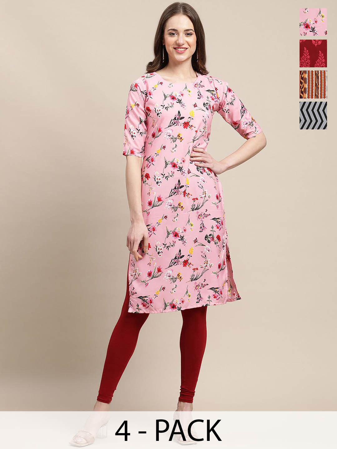 

7Threads Selection Of 4 Floral Printed Round Neck Straight Kurta, Pink