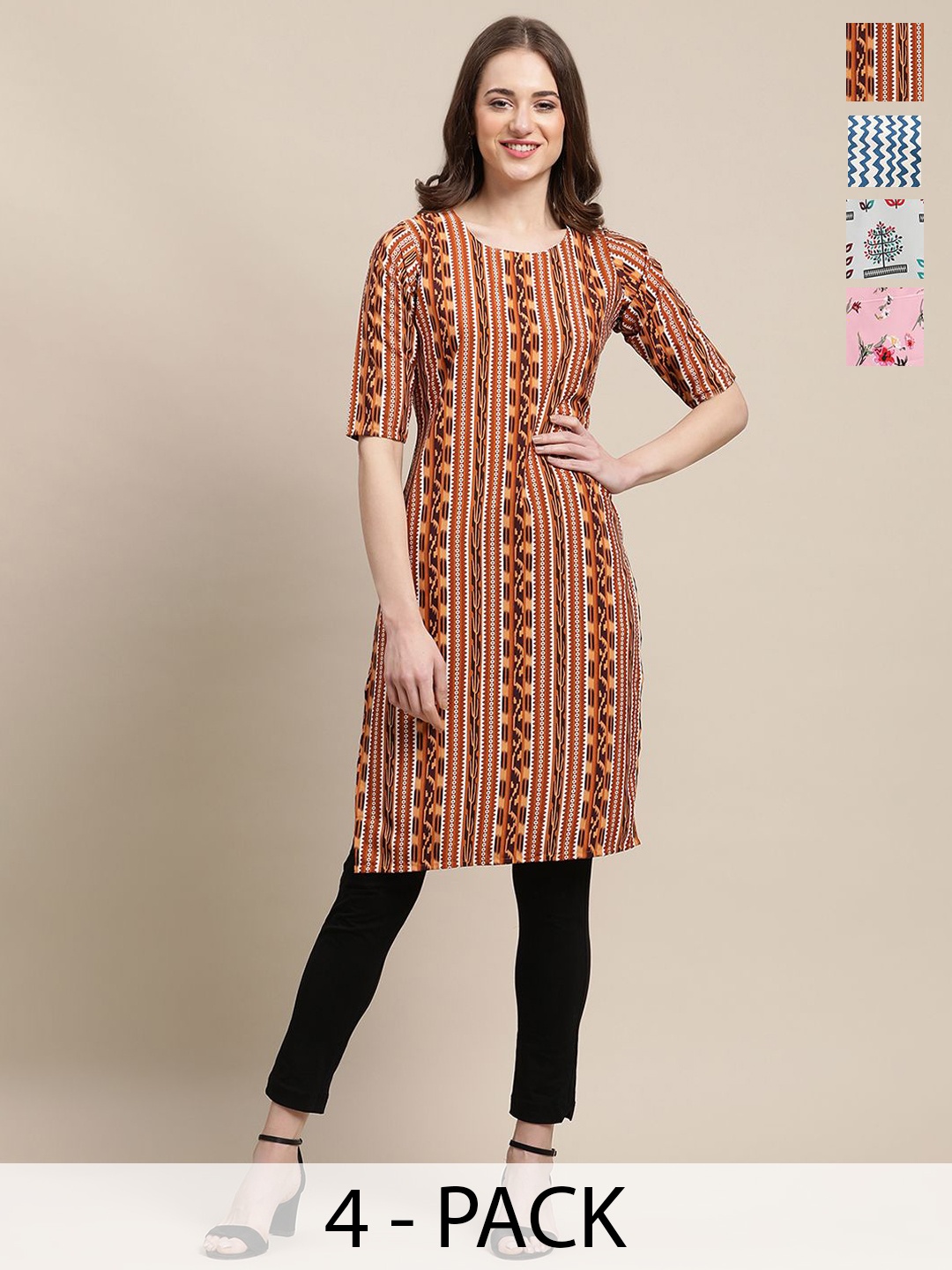 

7Threads Selection Of 4 Ethnic Motifs Printed Round Neck Straight Kurtas, Brown