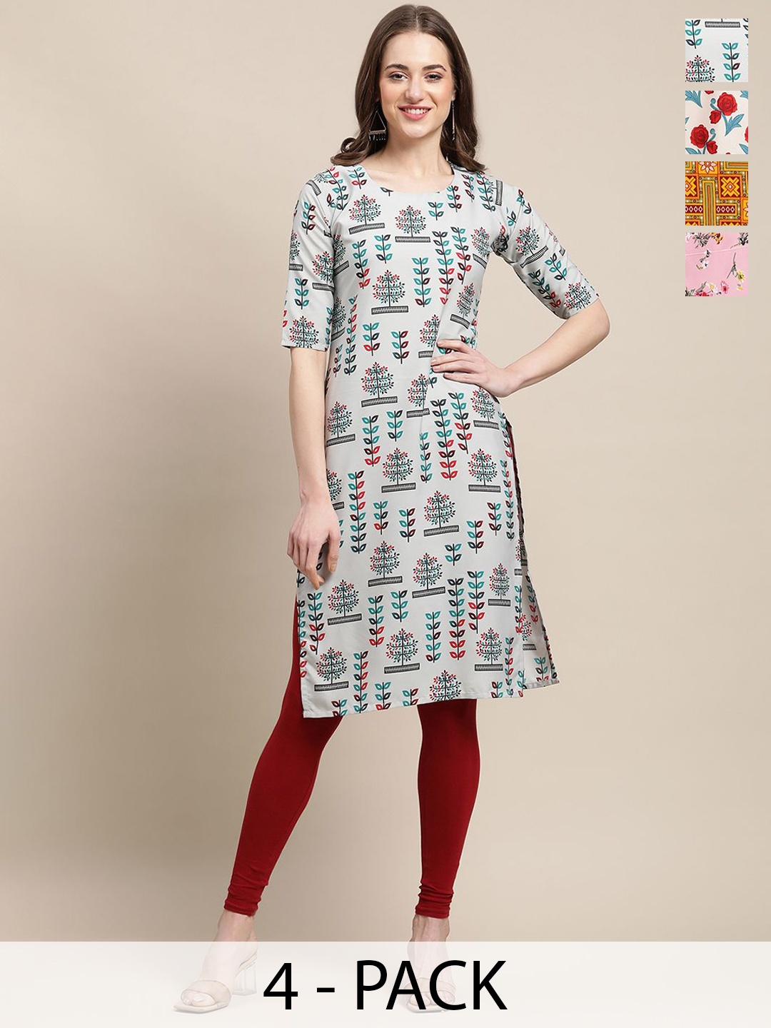 

7Threads Selection of 4 Floral Printed Straight Kurtas, Grey