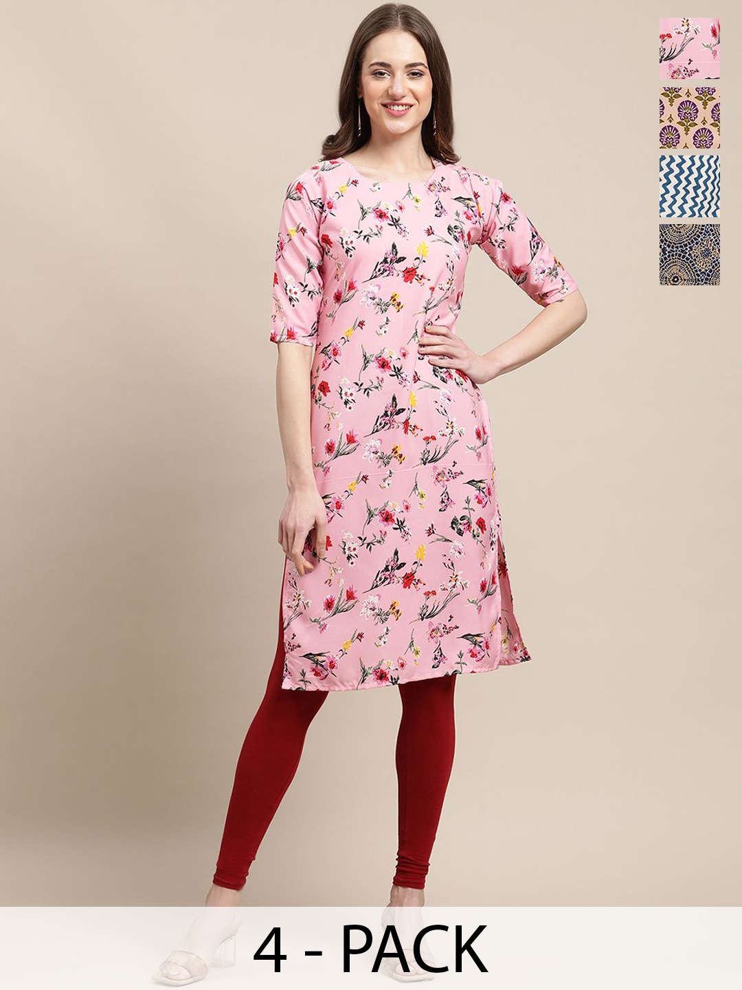 

7Threads Selection Of 4 Ethnic Motifs Printed Straight Kurtas, Pink