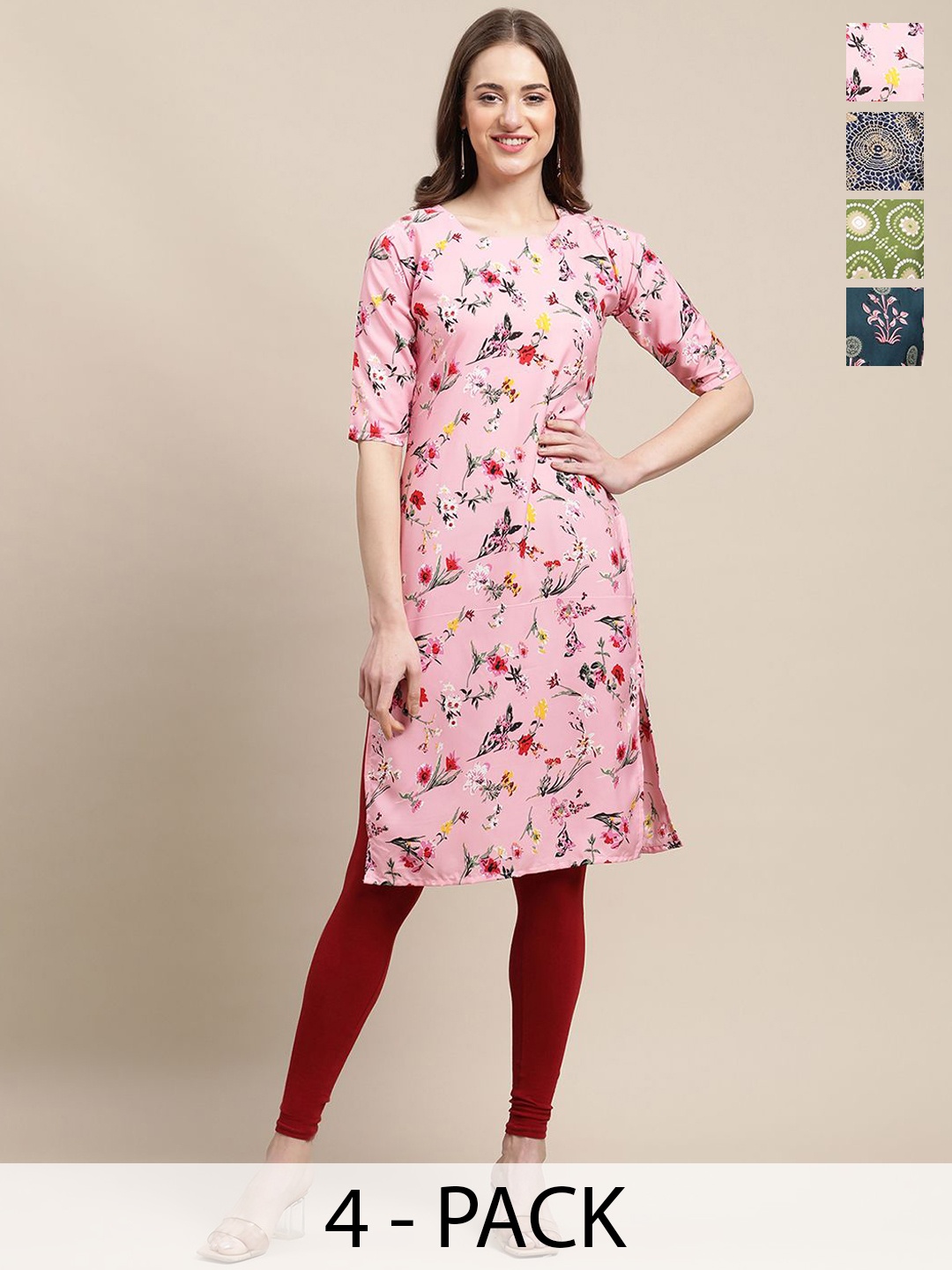 

7Threads Selection Of 4 Ethnic Motifs Printed Round Neck Straight Crepe Kurtas, Pink
