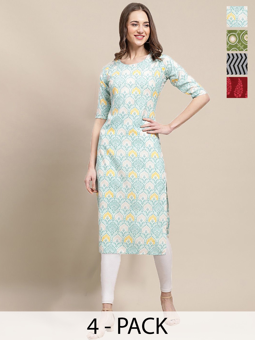 

7Threads Selections Of 4 Ethnic Motifs Printed Straight Kurtas, Blue