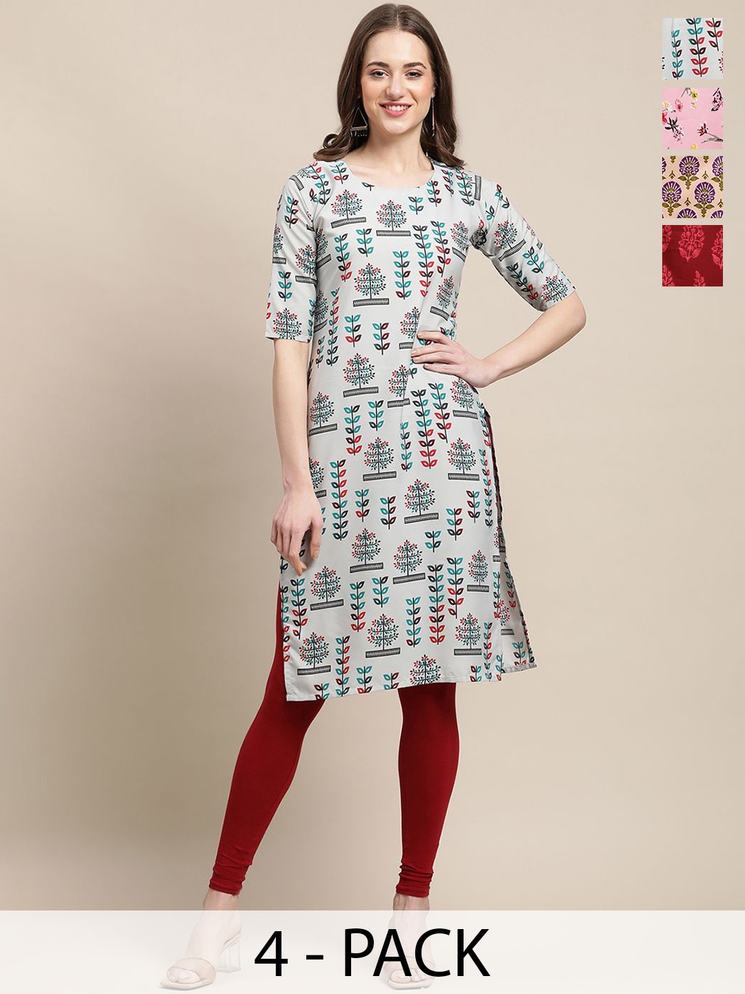 

7Threads Selections Of 4 Ethnic Motifs Printed Straight Kurtas, White