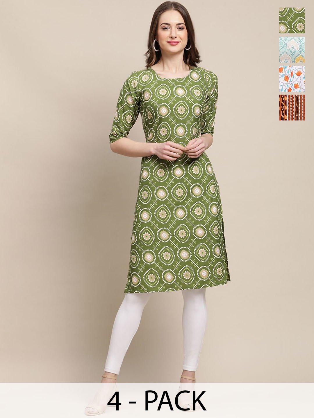 

7Threads Selection Of 4 Ethnic Motifs Printed Round Neck Crepe Straight Kurta, Green