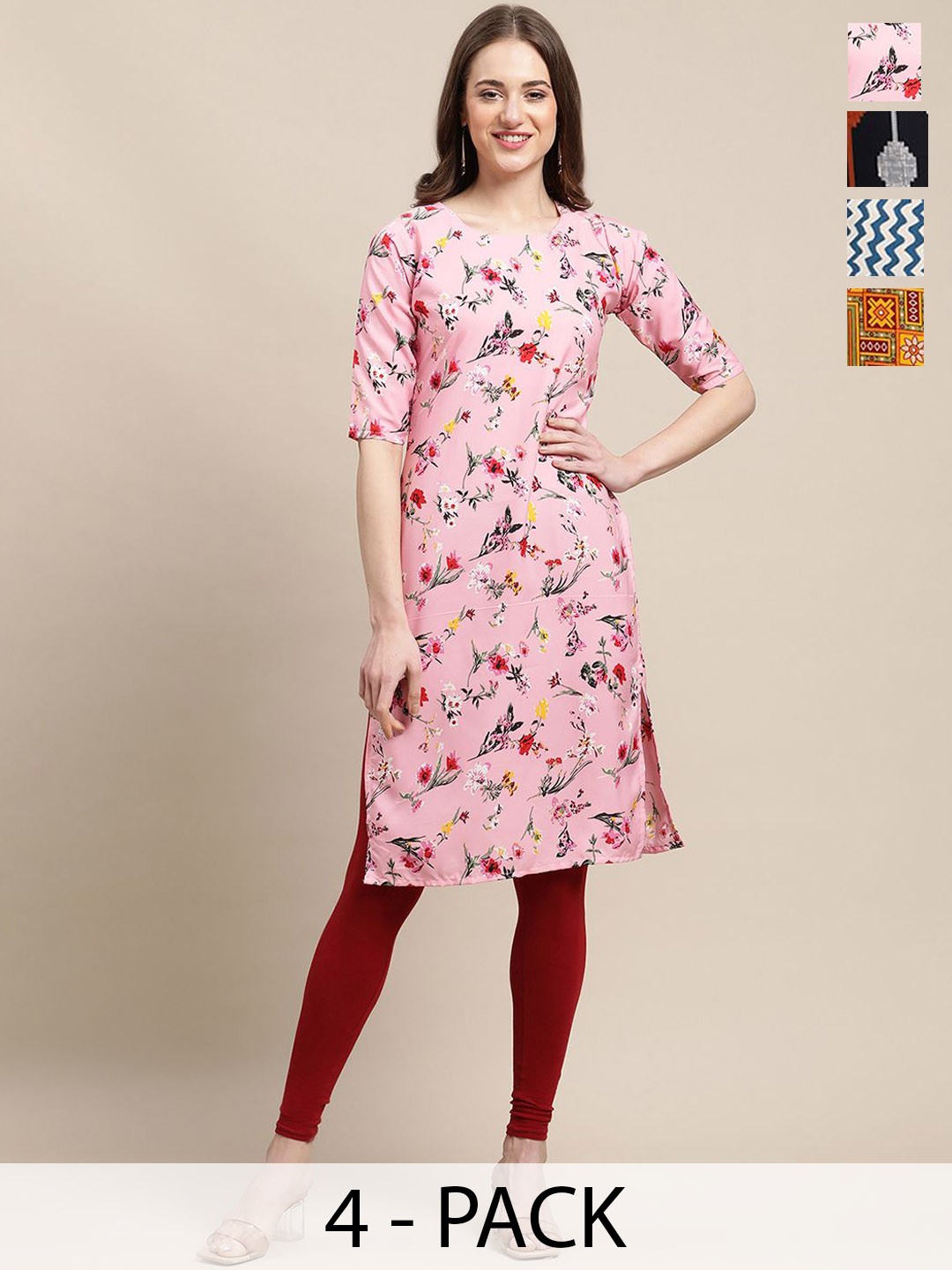 

7Threads Selection Of 4 Floral Printed Round Neck Straight Kurta, Pink
