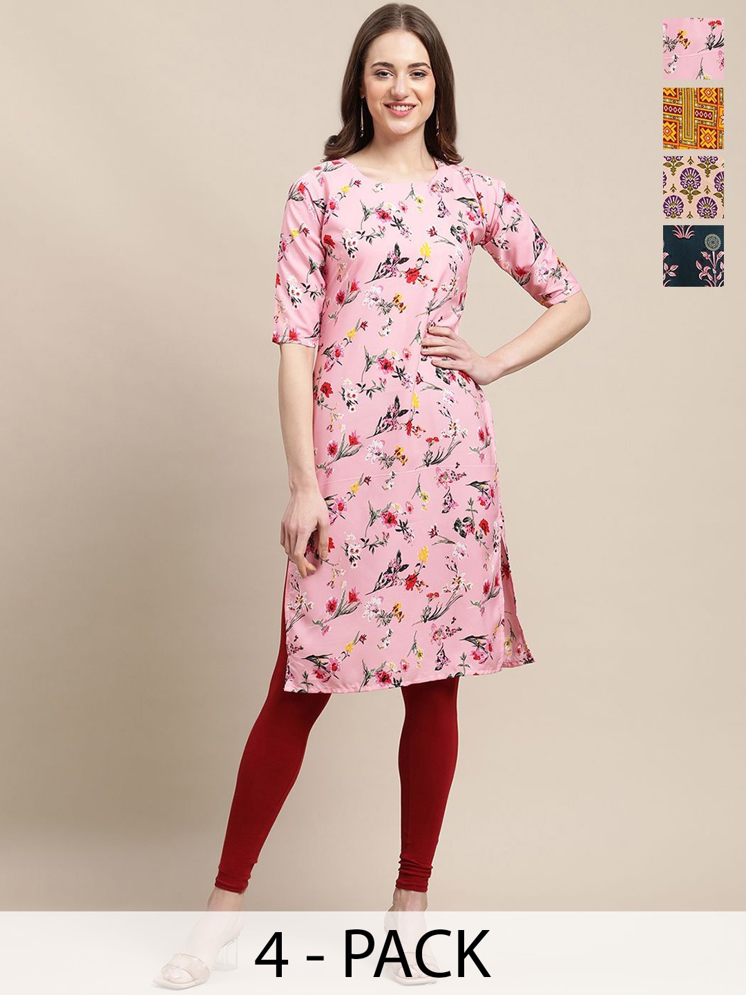 

7Threads Selection Of 4 Ethnic Motifs Printed Straight Kurtas, Pink