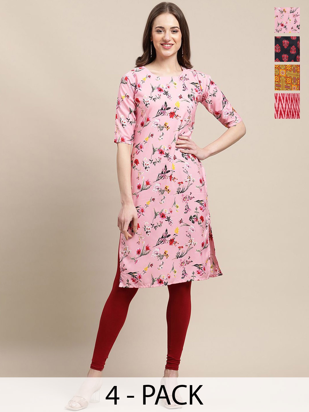 

7Threads Pack Of 4 Ethnic Printed Round Neck Kurtas, Red