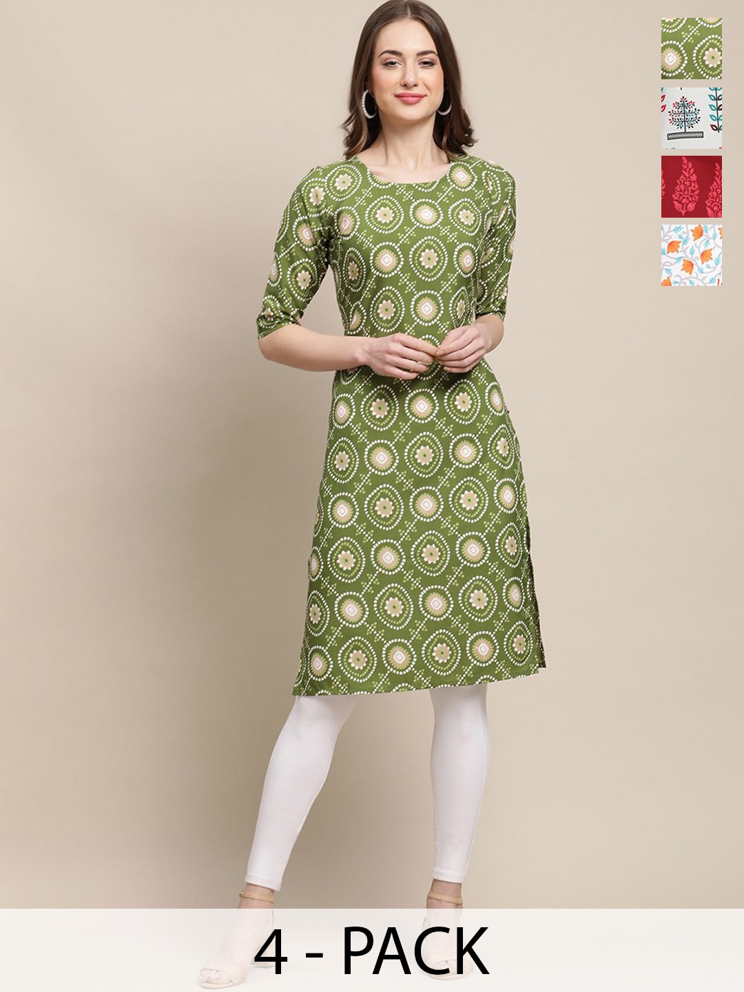 

7Threads Selection Of 4 Ethnic Motifs Printed Round Neck Crepe Straight Kurta, Green