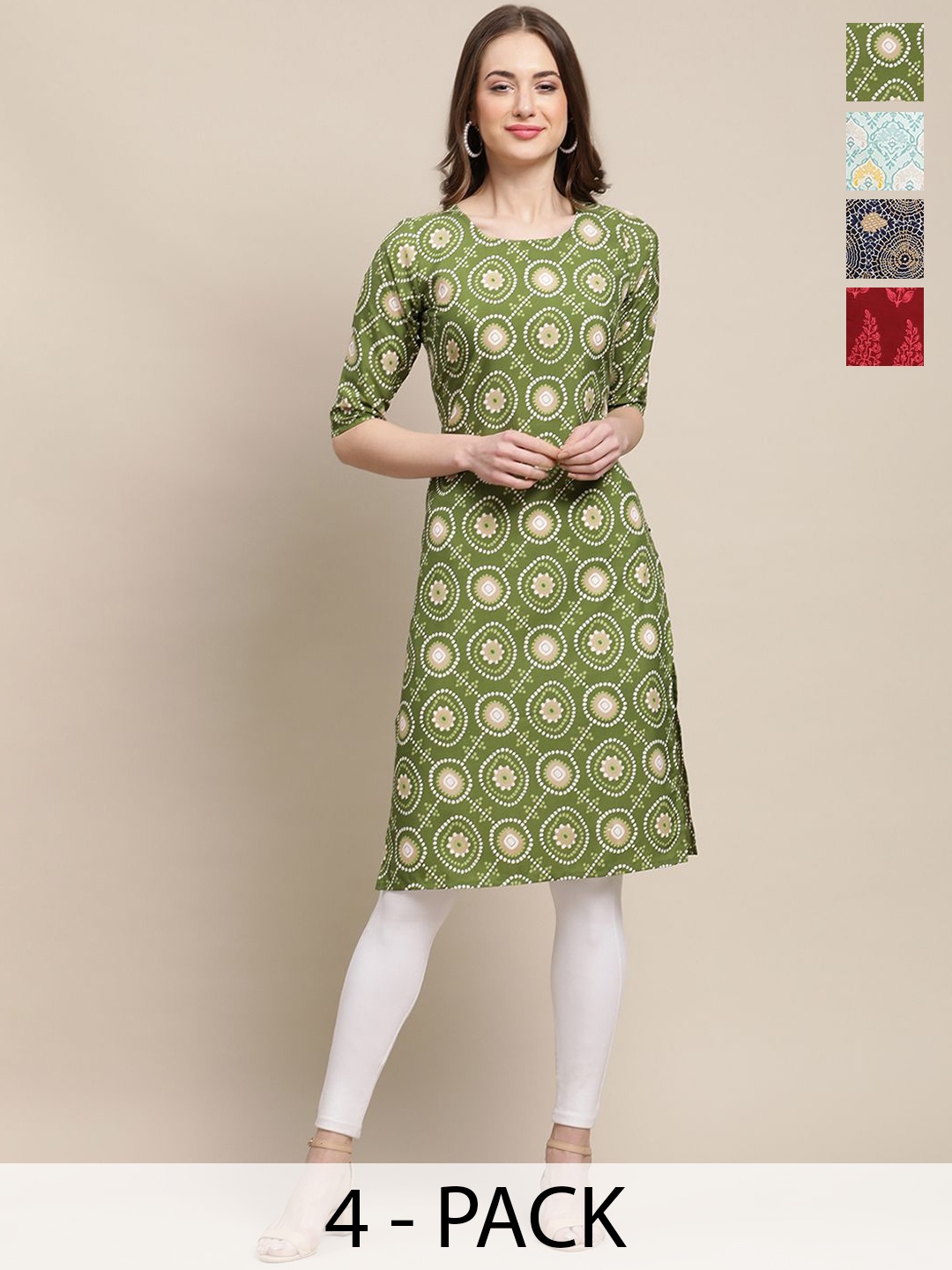 

7Threads Selection of 4 Ethnic Motifs Printed Kurtas, Green