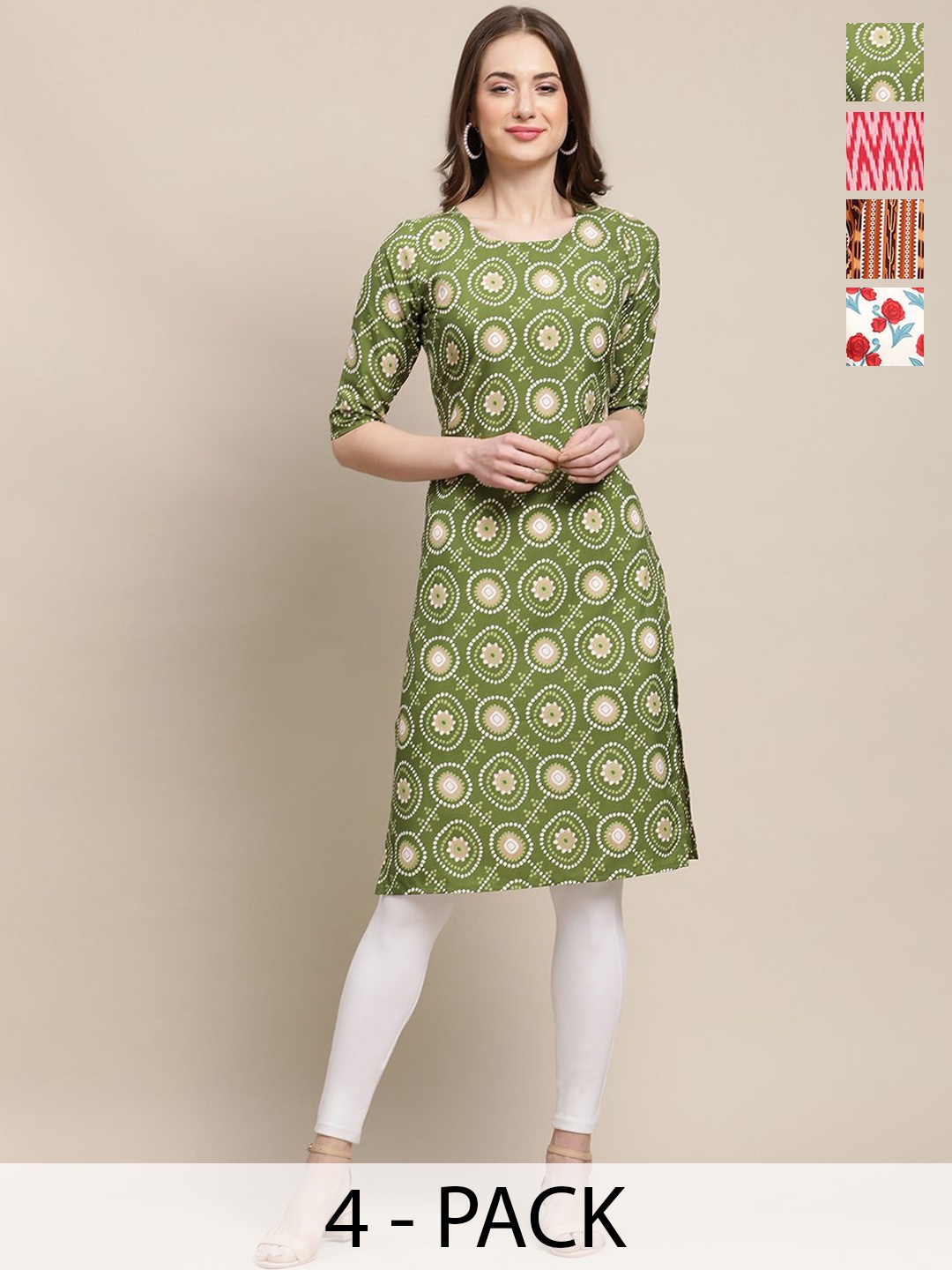 

7Threads Selection of 4 Geometric & Floral Printed Straight Kurtas, Green