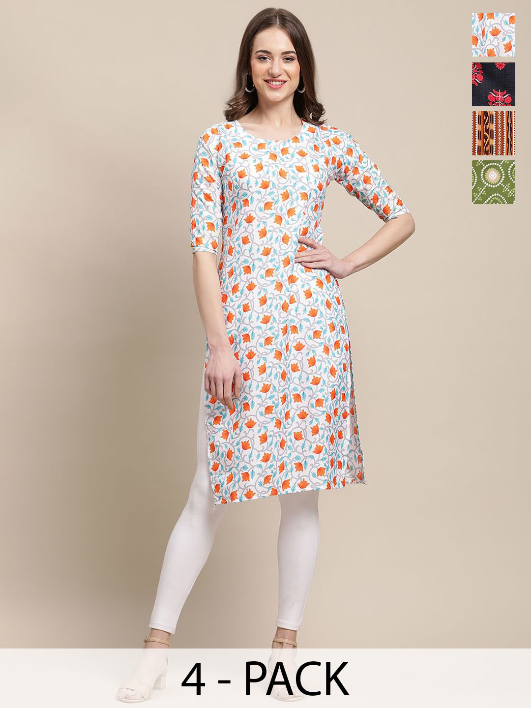 

7Threads Selection of 4 Floral & Geometric Printed Straight Kurtas, White