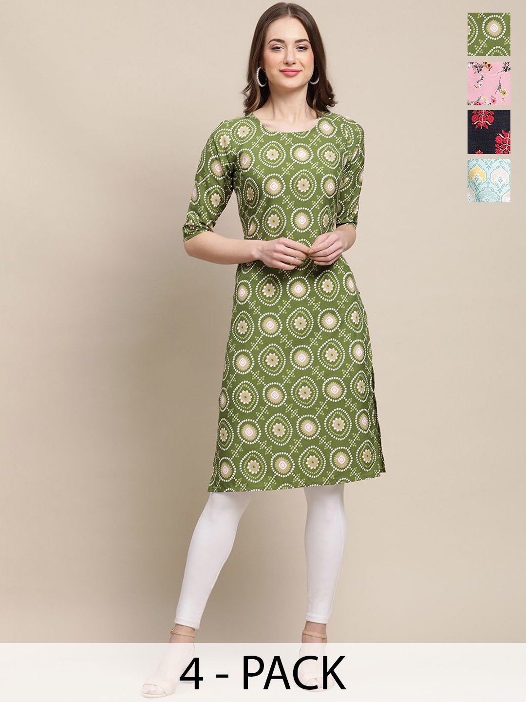 

7Threads Selection Of 4 Floral Printed Round Neck Straight Kurta, Green