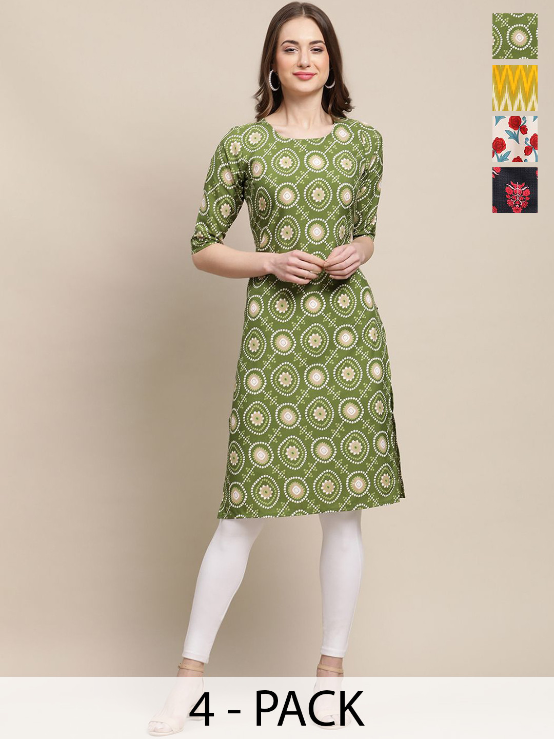 

7Threads Selection Of 4 Ethnic Motifs Printed Round Neck Straight Crepe Kurtas, Green