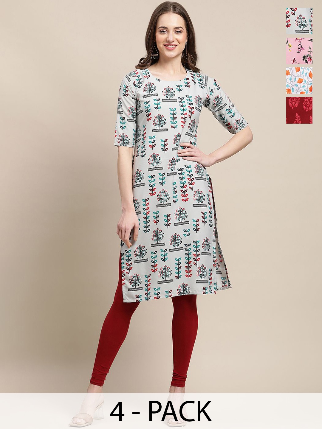 

7Threads Selection Of 4 Floral Printed Round Neck Crepe Straight Kurta, Grey