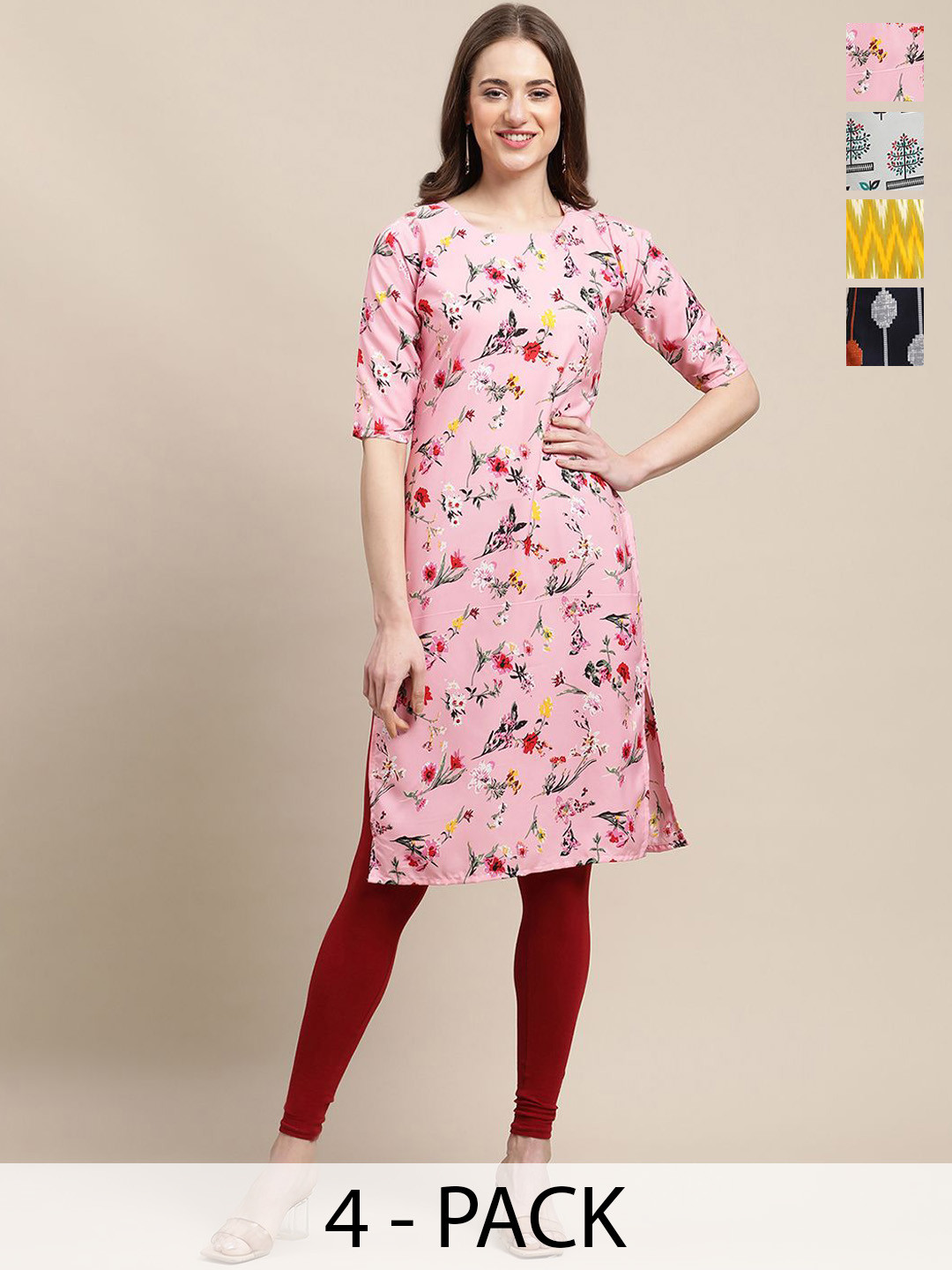 

7Threads Selection Of 4 Floral Printed Straight Kurta, Pink