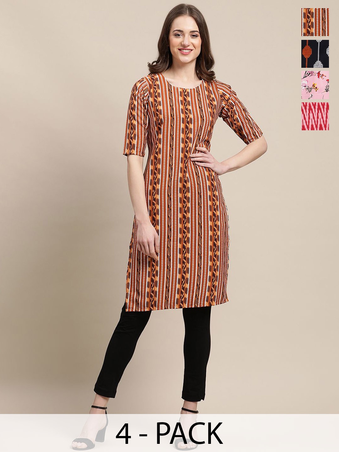 

7Threads Selection Of 4 Floral Printed Round Neck Straight Kurta, Yellow