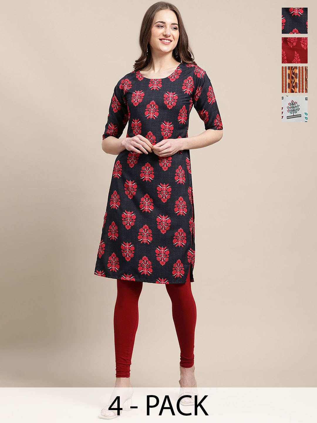 

7Threads Selection of 4 Floral Printed Crepe Straight Kurta, Black