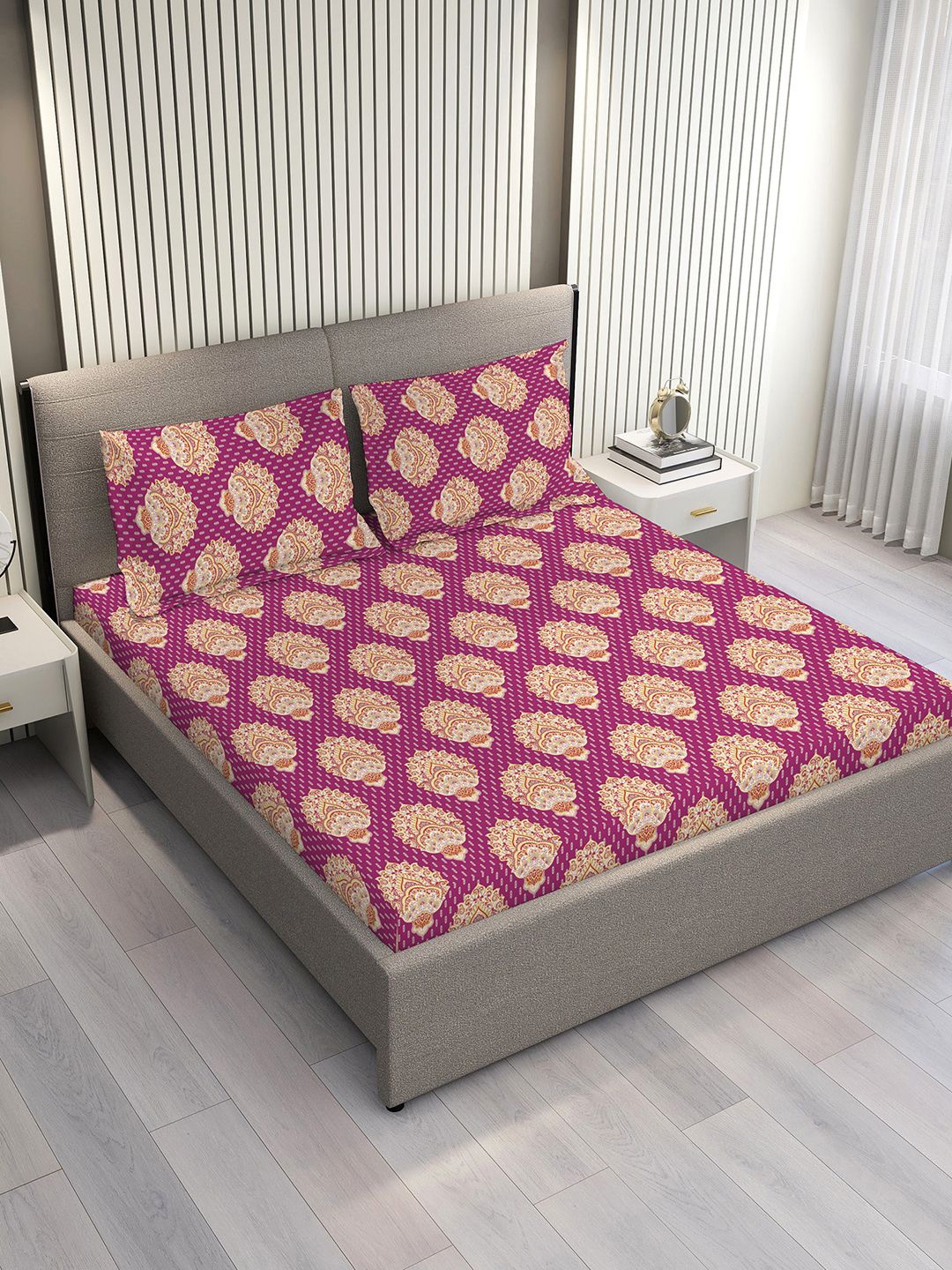 

Layers Purple Ethnic Motifs 140 TC Pure Cotton Queen Bedsheet Set-2.54 m x 2.24 m