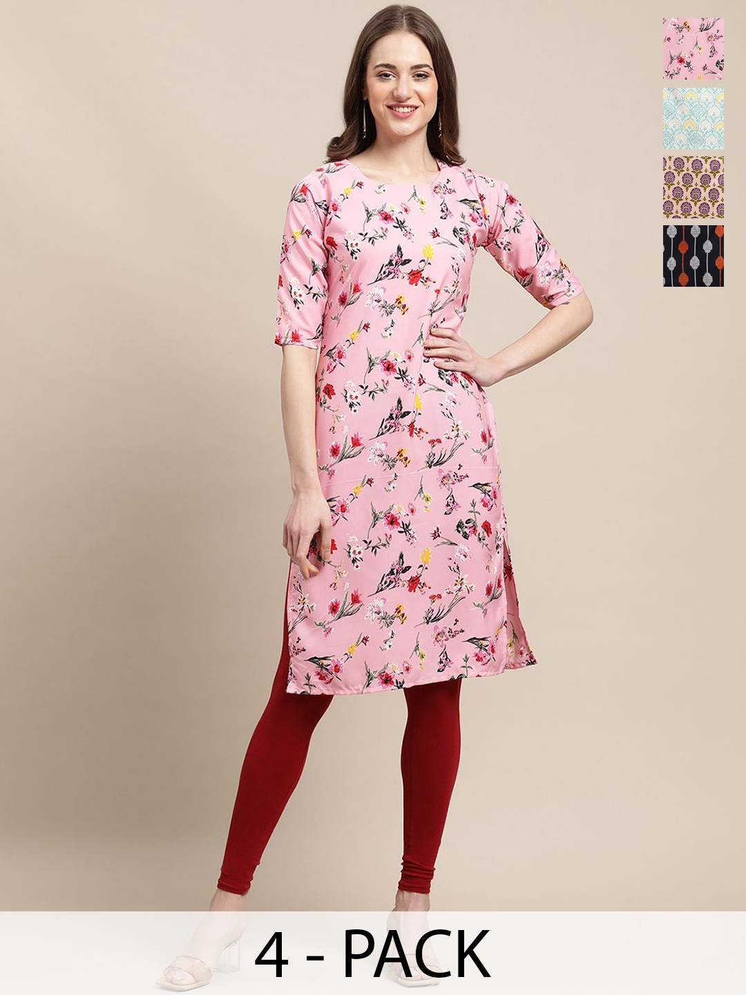 

7Threads Selection Of 4 Floral Printed Round Neck Straight Kurta, Pink