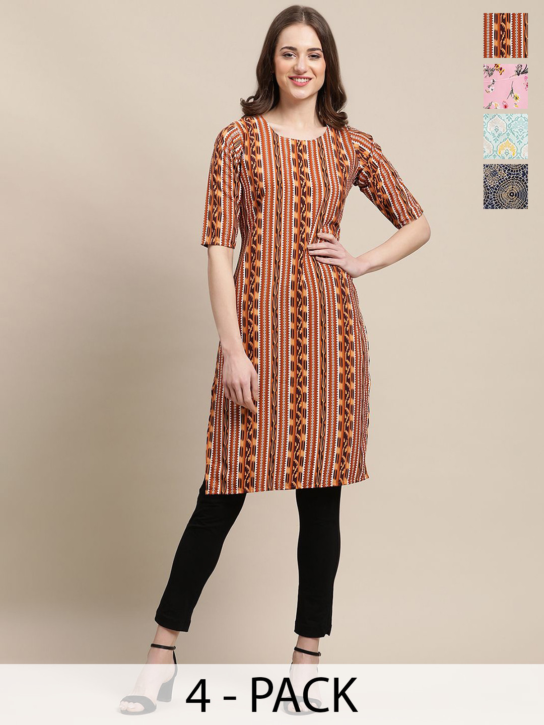 

7Threads Selection Of 4 Ethnic Motifs Printed Round Neck Straight Crepe Kurtas, Brown