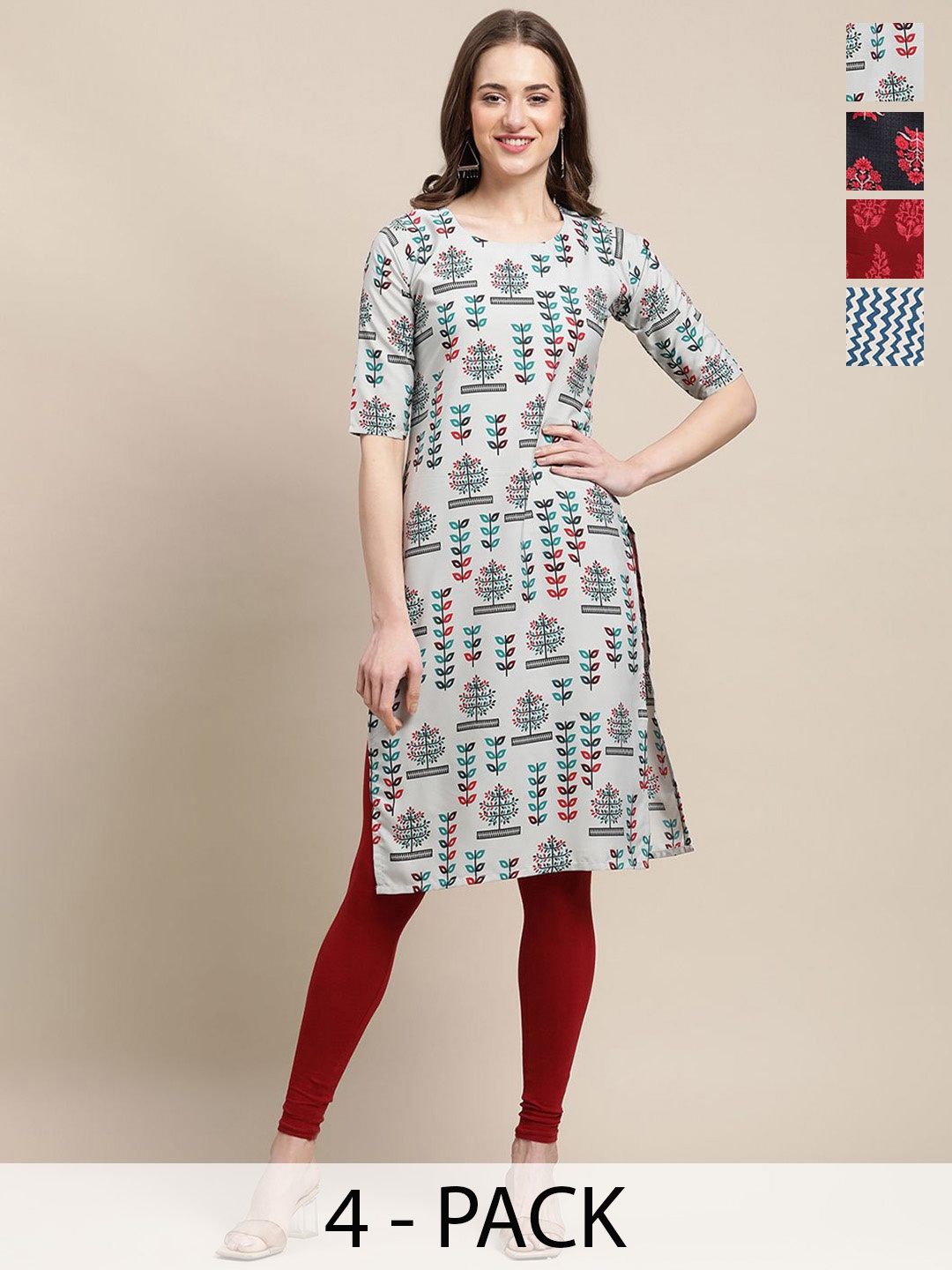 

7Threads Selection Of 4 Floral Printed Round Neck Kurtas, Off white