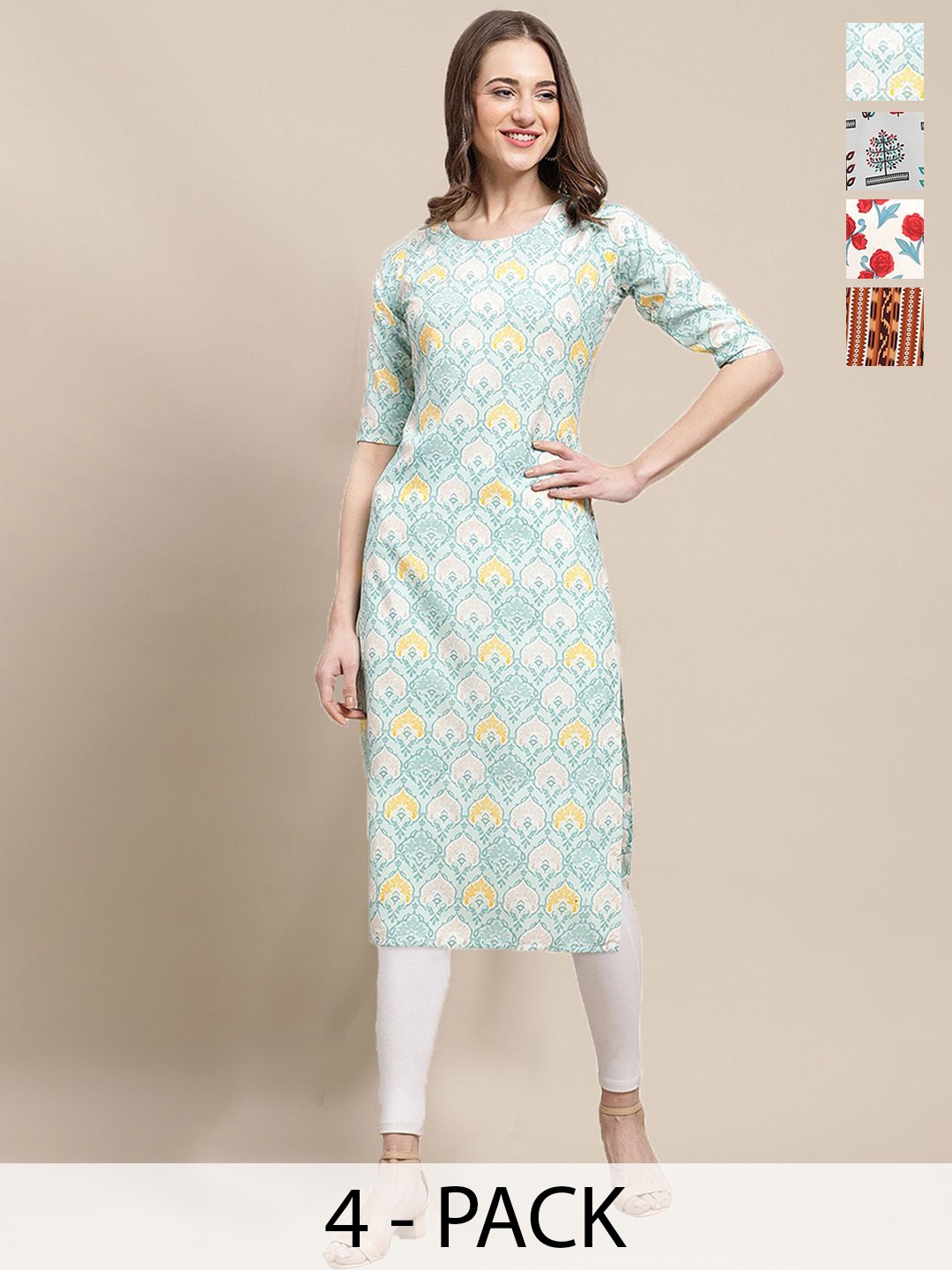 

7Threads Selection of 4 Floral & Geometric Printed Straight Kurtas, Blue