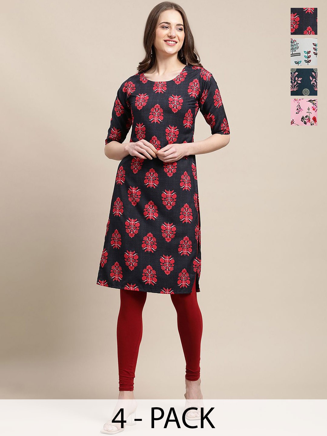 

7Threads Selection Of 4 Ethnic Motifs Printed Straight Kurtas, Black